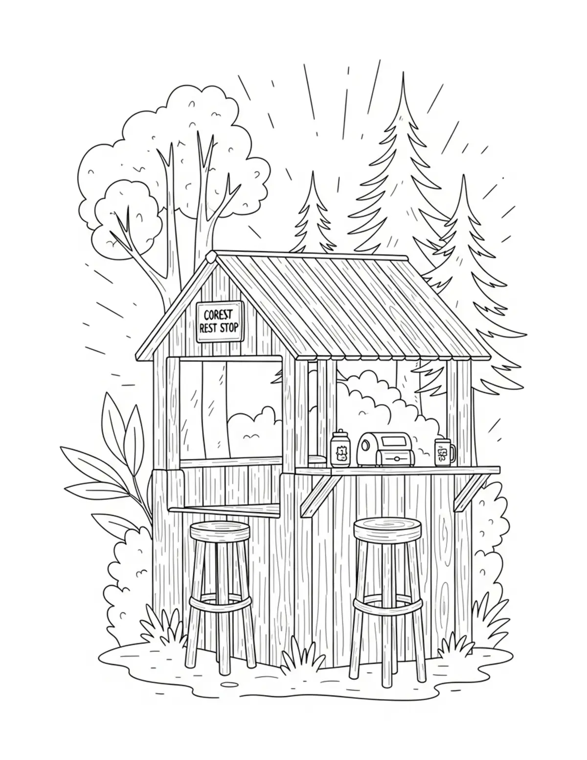 Free printable coloring page: cozy forest trail rest stop coloring page. Cute and cozy summer design for kids and adults to download and print.