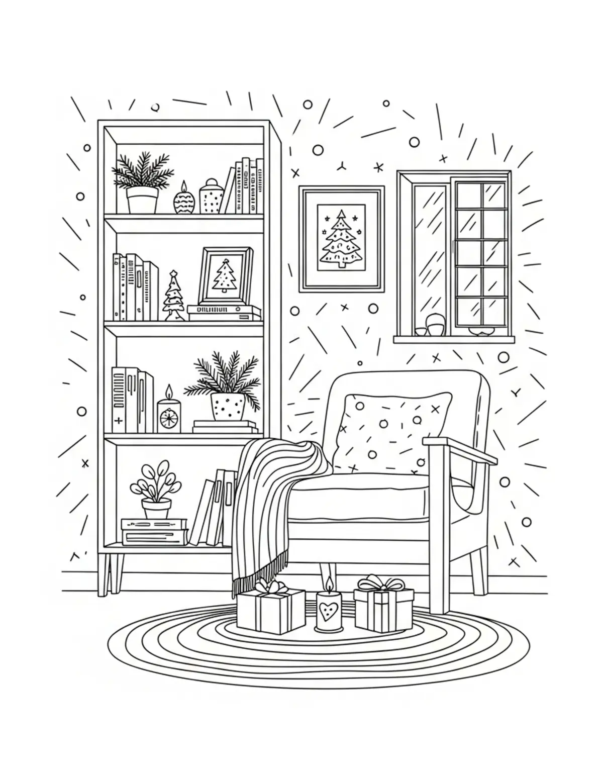 Free printable coloring page: cozy seasonal decor room coloring page. Cute and cozy design for kids and adults to download and print.