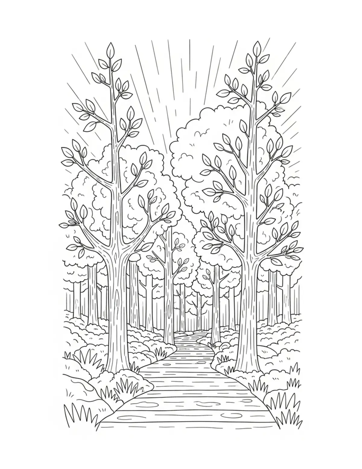 Free printable coloring page: bold-easy-forest-path coloring page. Cute and cozy design for kids and adults to download and print.