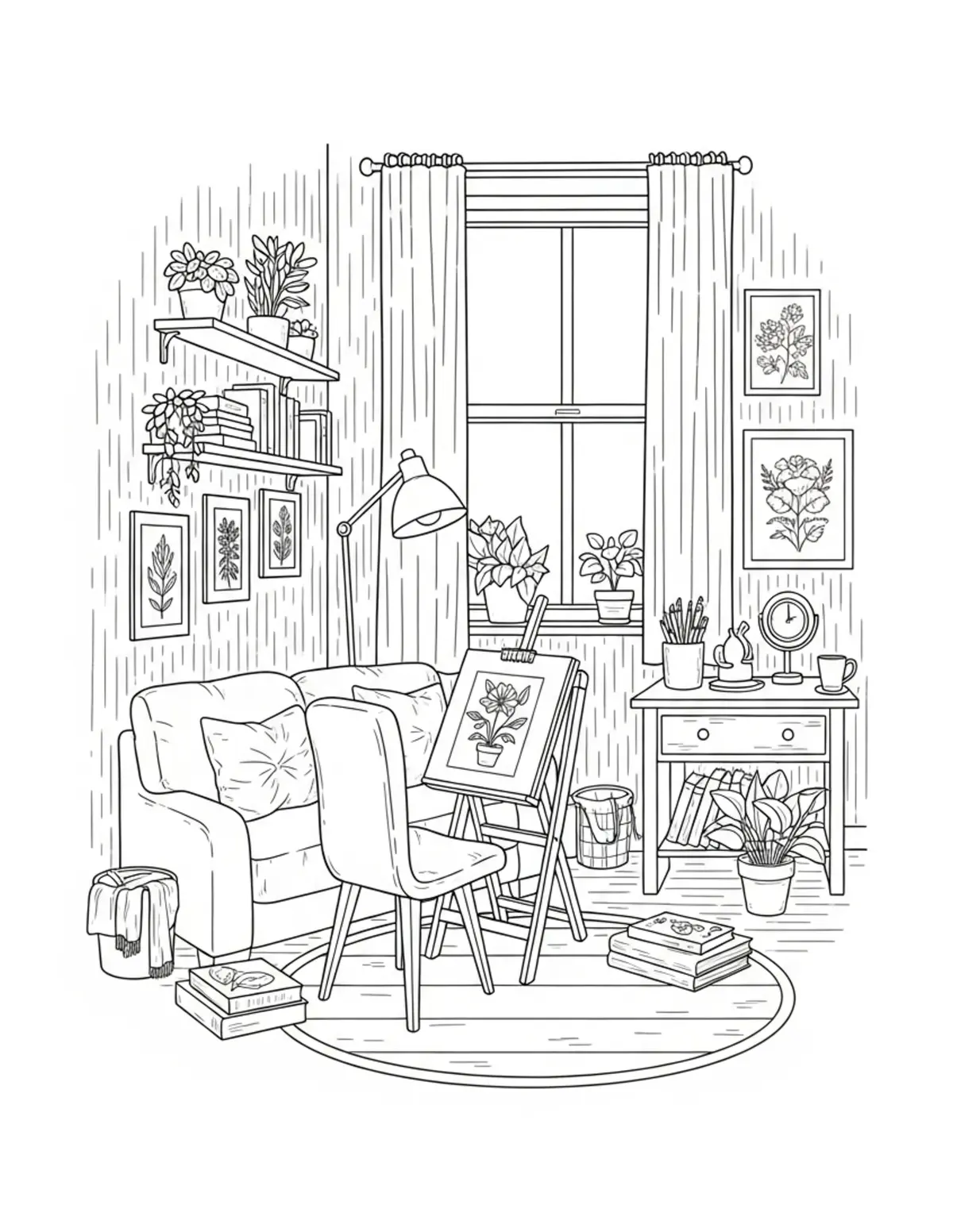 Free printable coloring page: cozy botanical sketching room coloring page. Cute and cozy design for kids and adults to download and print.