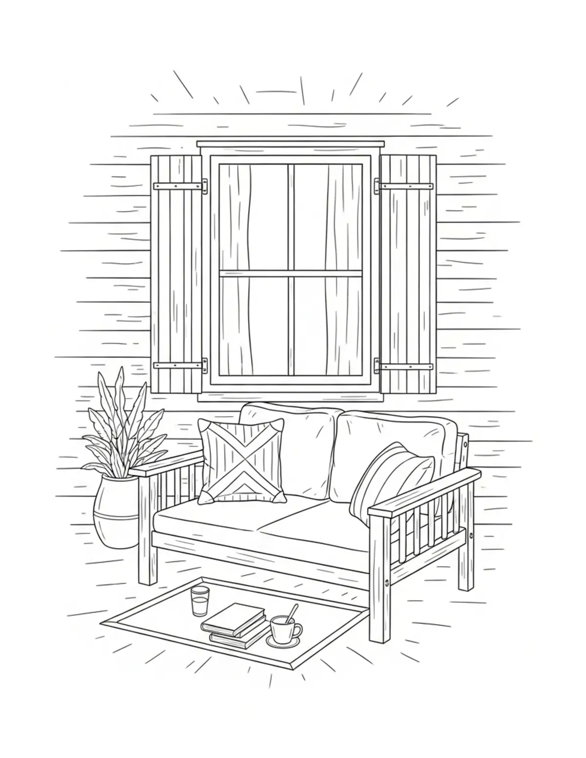 Free printable coloring page: cozy summer reading porch coloring page. Cute and cozy summer design for kids and adults to download and print.