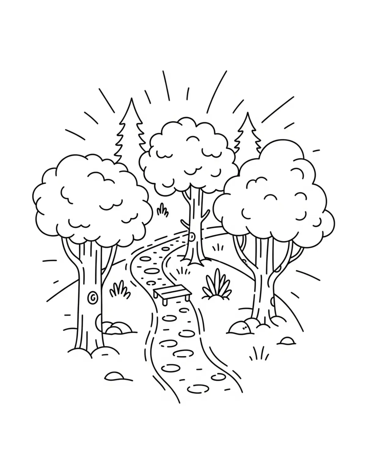 Free printable coloring page: mystery-forest-path-network coloring page. Cute and cozy design for kids and adults to download and print.
