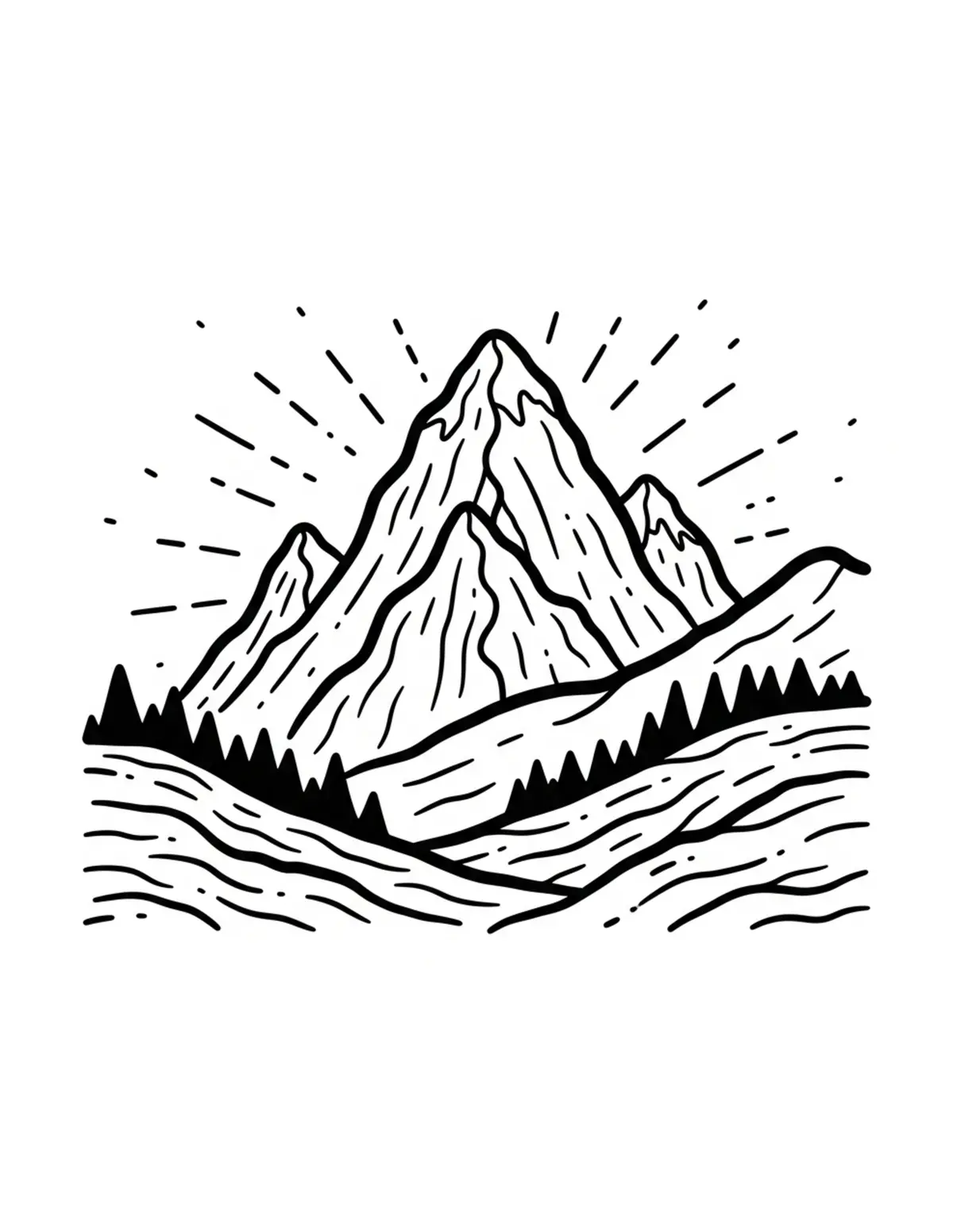 Free printable coloring page: bold-easy-mountain-scene coloring page. Cute and cozy design for kids and adults to download and print.