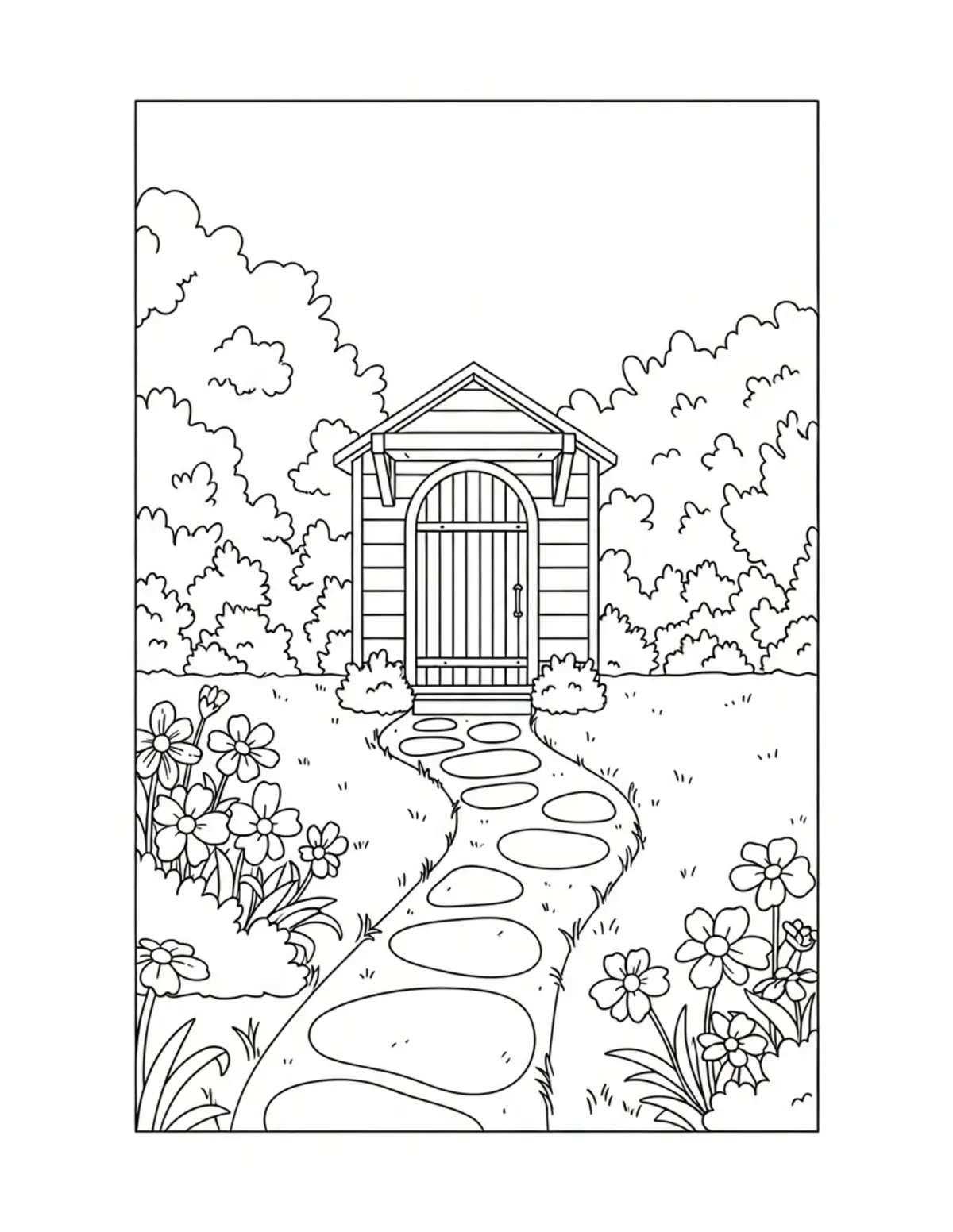 Free printable coloring page: cozy backyard flower path coloring page. Cute and cozy summer design for kids and adults to download and print.