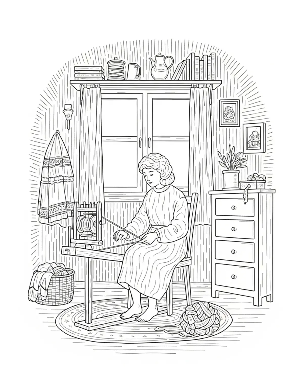 Free printable coloring page: cozy wool spinning room coloring page. Cute and cozy design for kids and adults to download and print.