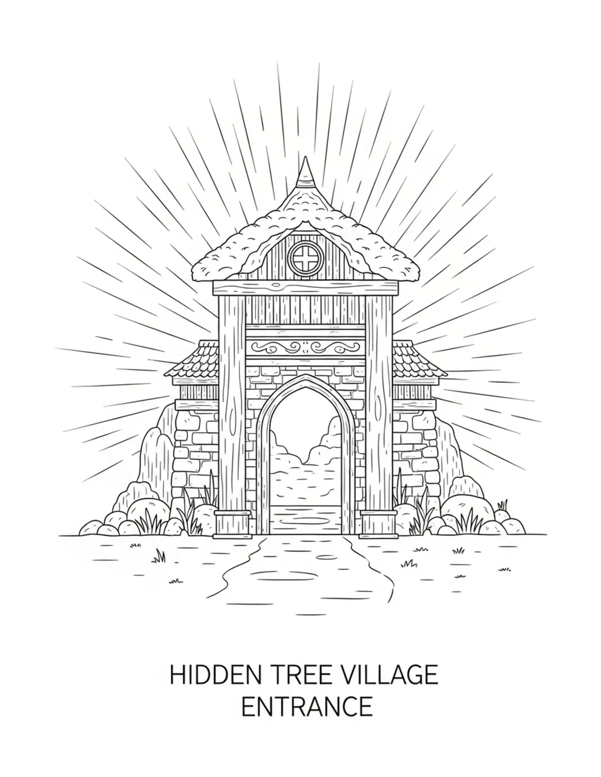 Free printable coloring page: hidden-tree-village-entrance coloring page. Cute and cozy design for kids and adults to download and print.