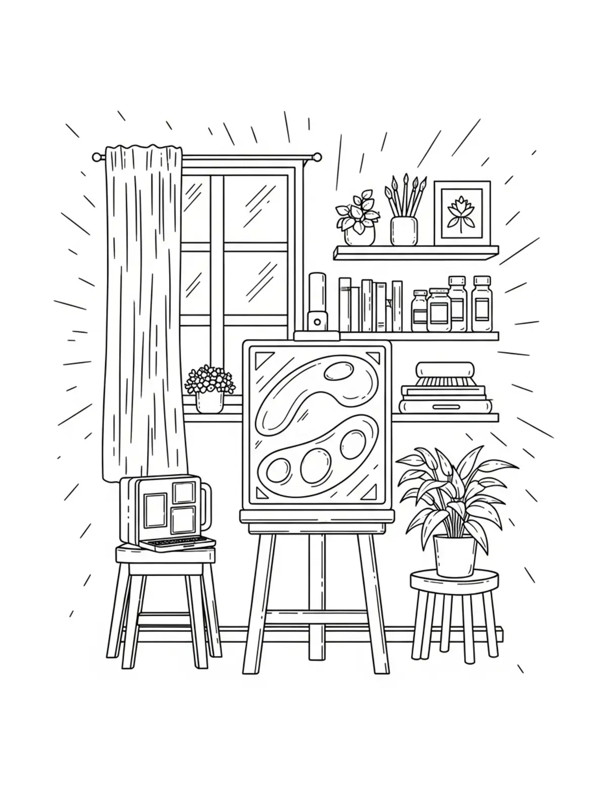Free printable coloring page: cozy art supply studio coloring page. Cute and cozy design for kids and adults to download and print.