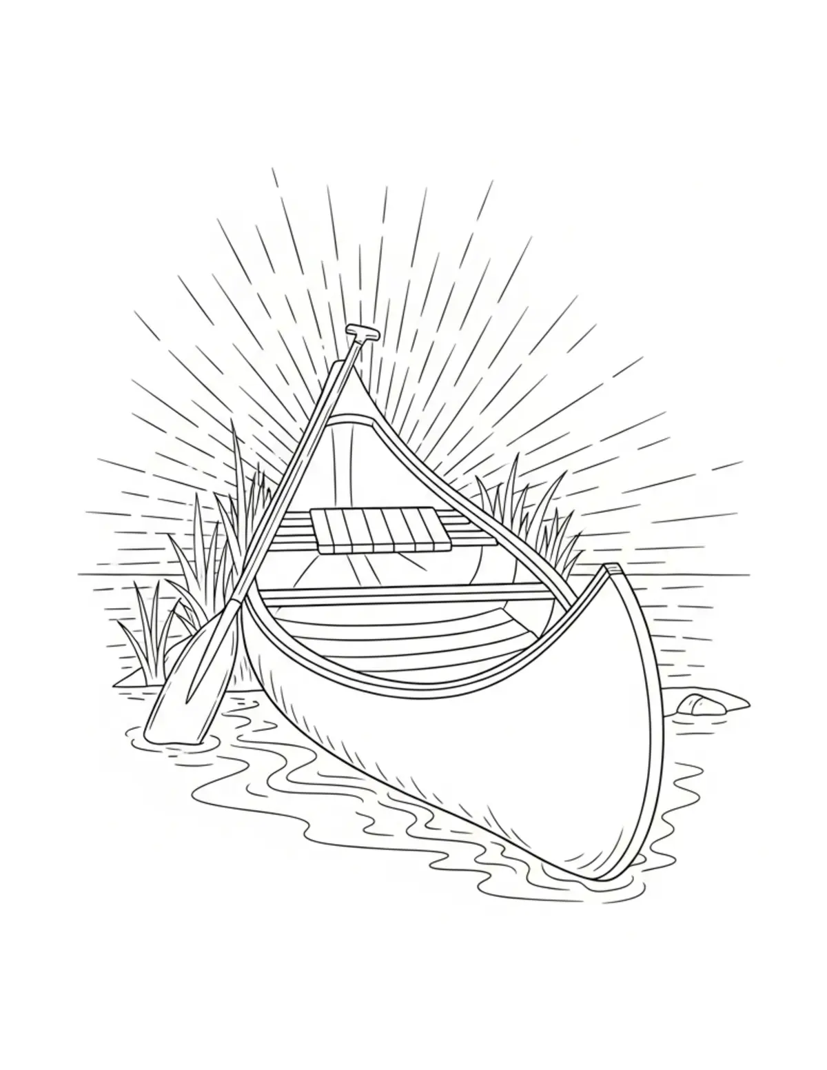 Free printable coloring page: cozy lakeside canoe rest coloring page. Cute and cozy summer design for kids and adults to download and print.