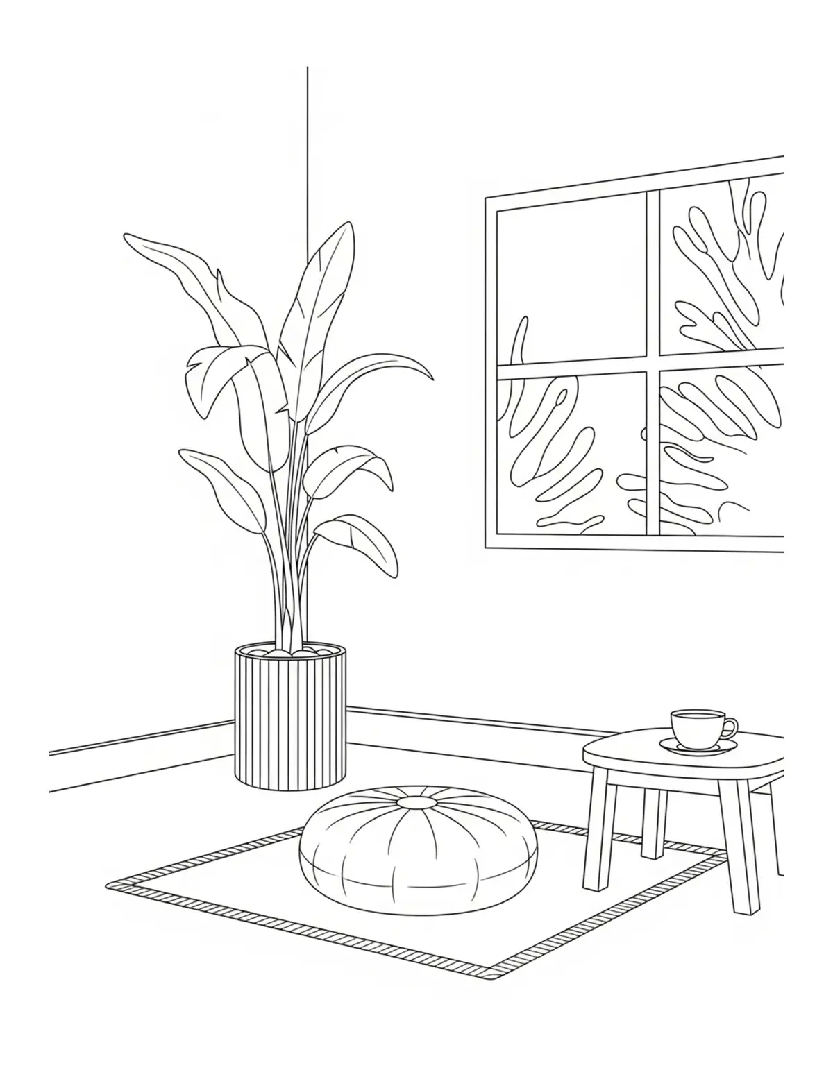 Free printable coloring page: cozy quiet meditation room coloring page. Cute and cozy design for kids and adults to download and print.