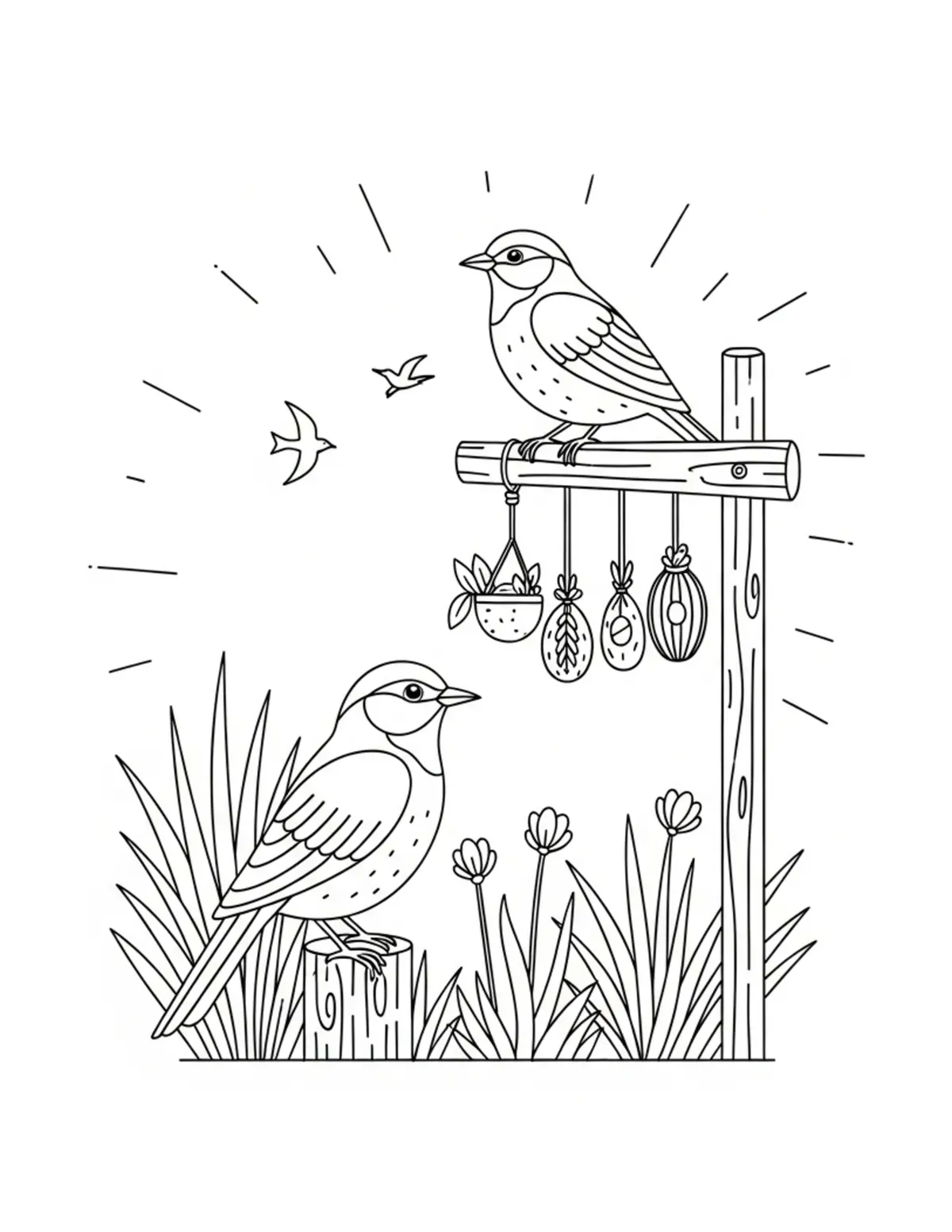 Free printable coloring page: cozy summer bird watching spot coloring page. Cute and cozy summer design for kids and adults to download and print.