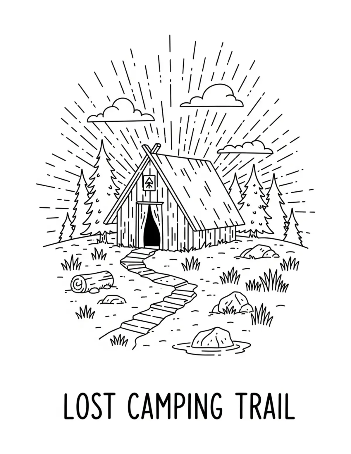 Free printable coloring page: lost-camping-trail coloring page. Cute and cozy design for kids and adults to download and print.