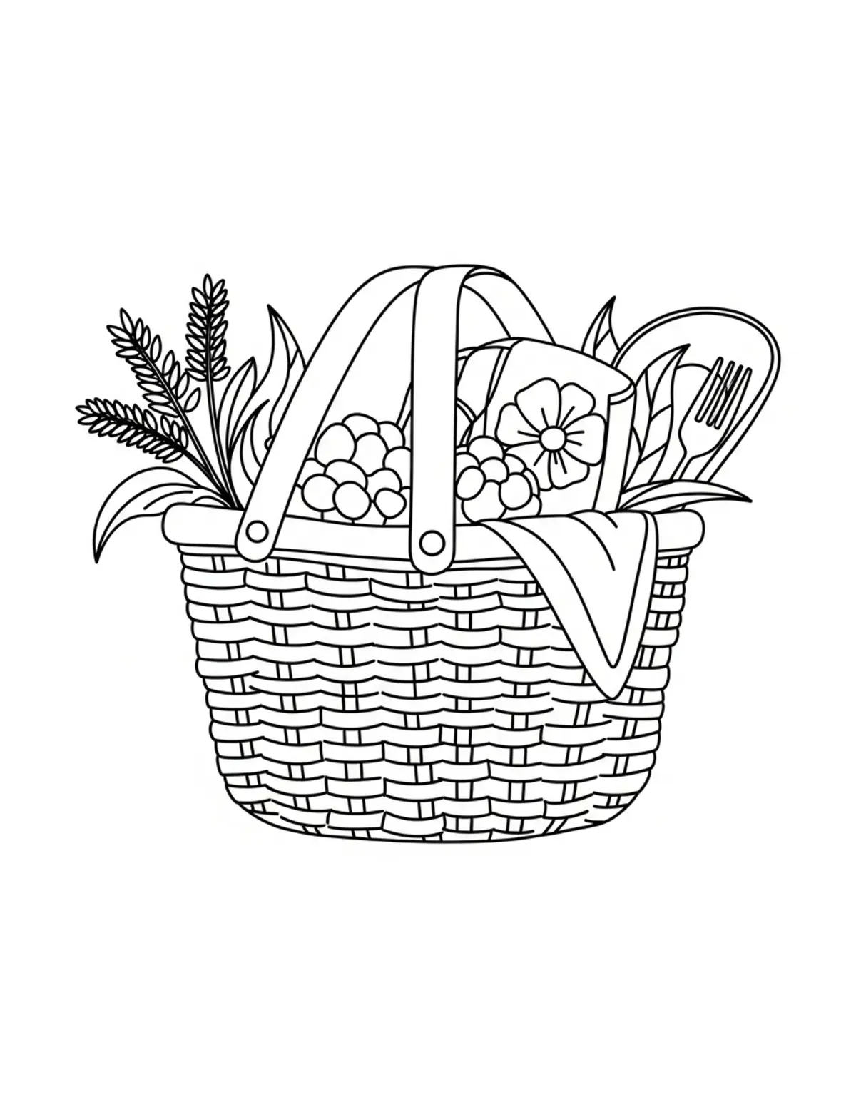 Free printable coloring page: cozy meadow picnic basket coloring page. Cute and cozy summer design for kids and adults to download and print.