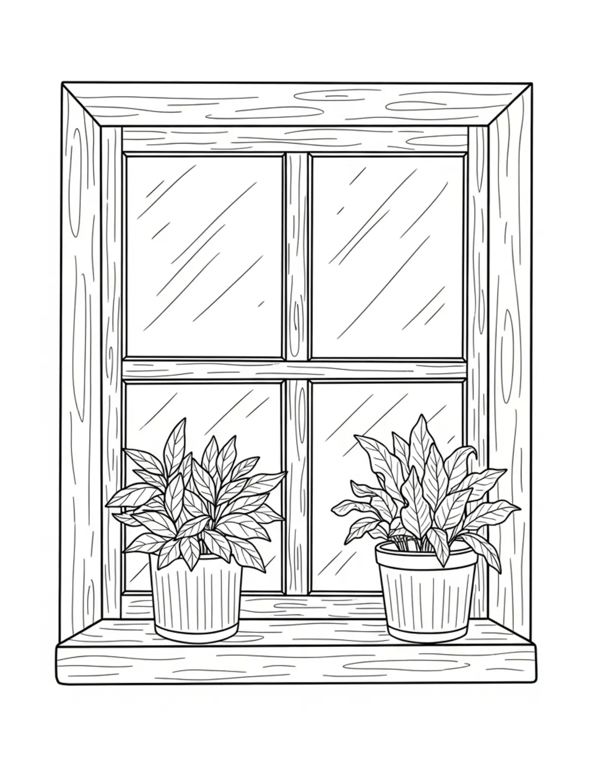 Free printable coloring page: cozy window garden corner coloring page. Cute and cozy design for kids and adults to download and print.