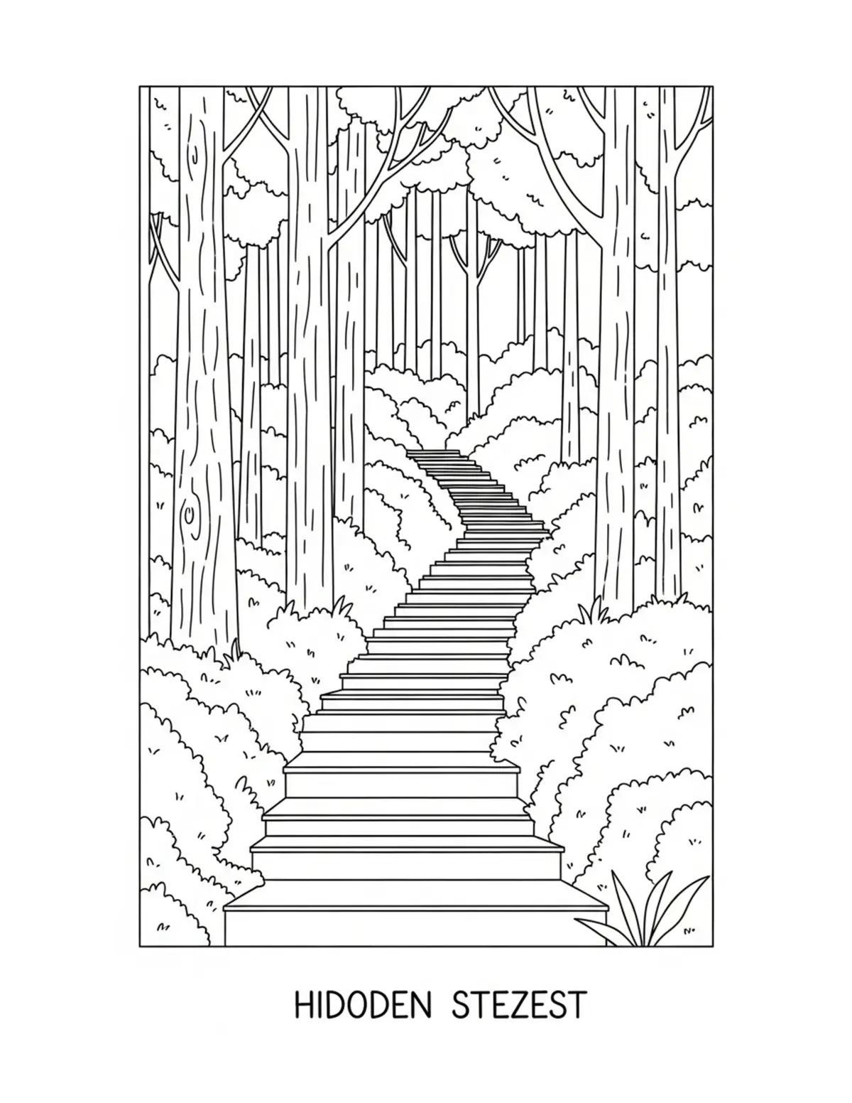 Free printable coloring page: hidden-forest-stairway coloring page. Cute and cozy design for kids and adults to download and print.