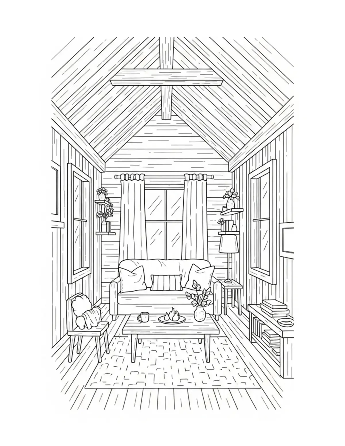 Free printable coloring page: cozy forest cabin interior coloring page. Cute and cozy design for kids and adults to download and print.