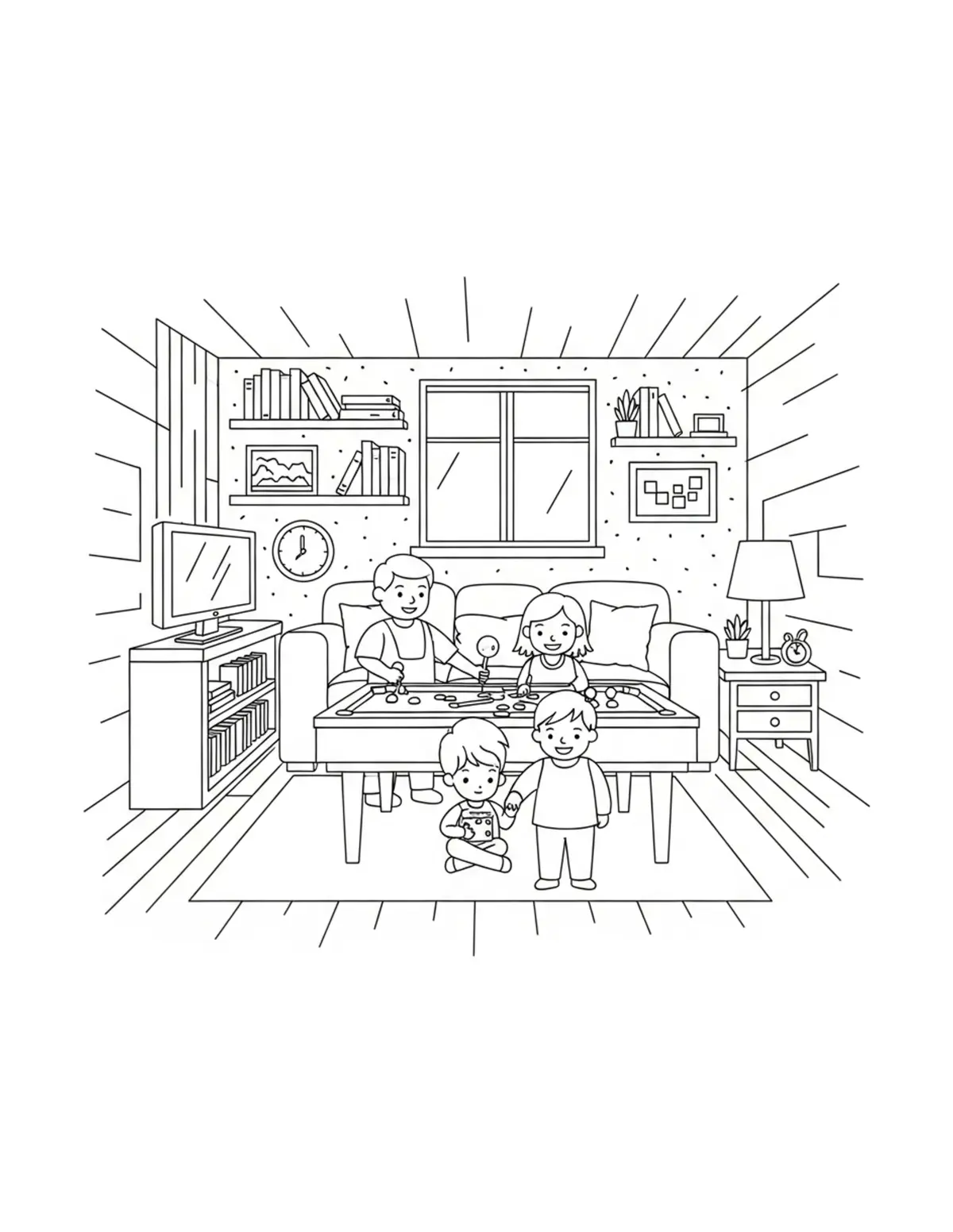 Free printable coloring page: cozy family game room coloring page. Cute and cozy design for kids and adults to download and print.
