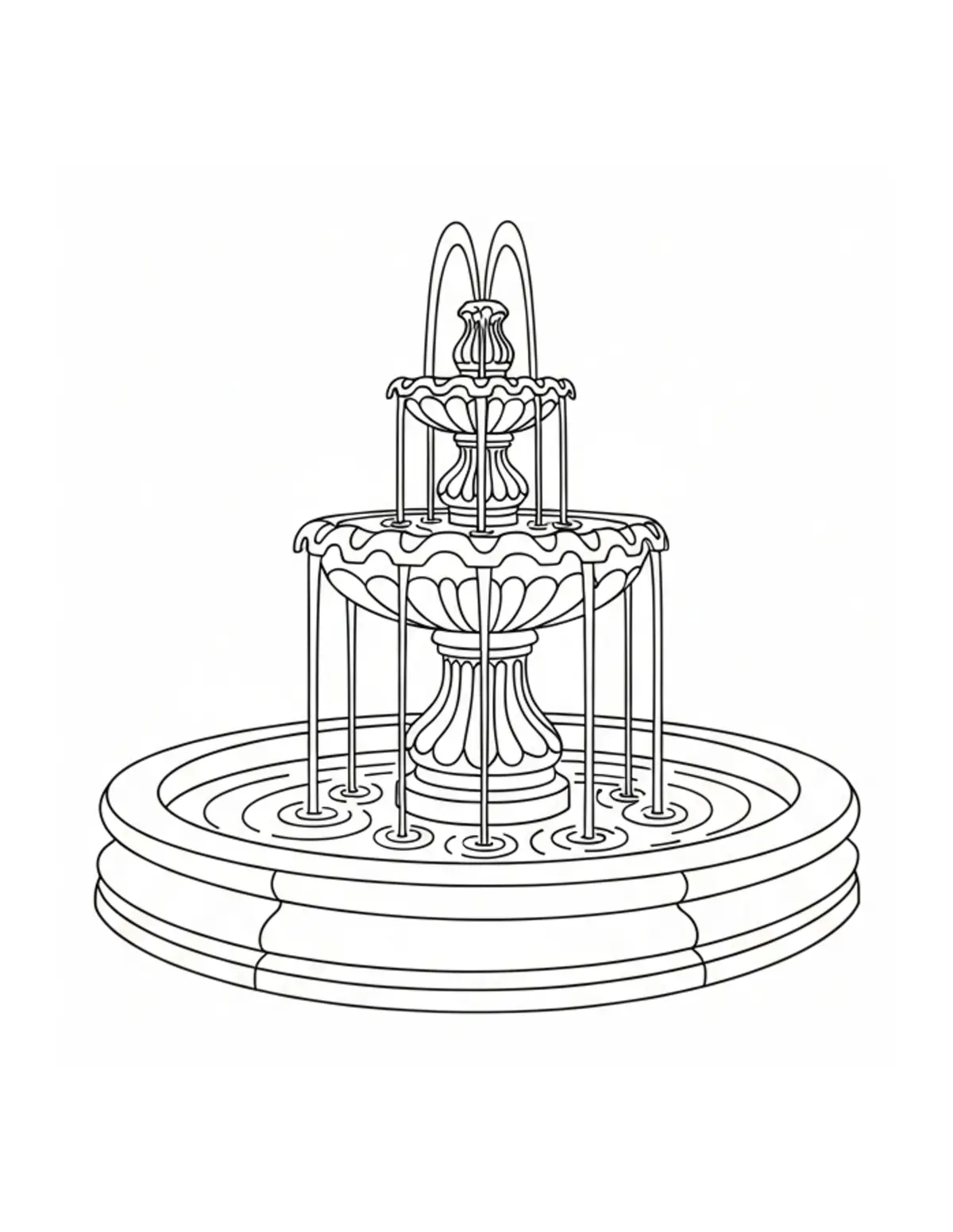 Free printable coloring page: cozy garden fountain afternoon coloring page. Cute and cozy summer design for kids and adults to download and print.
