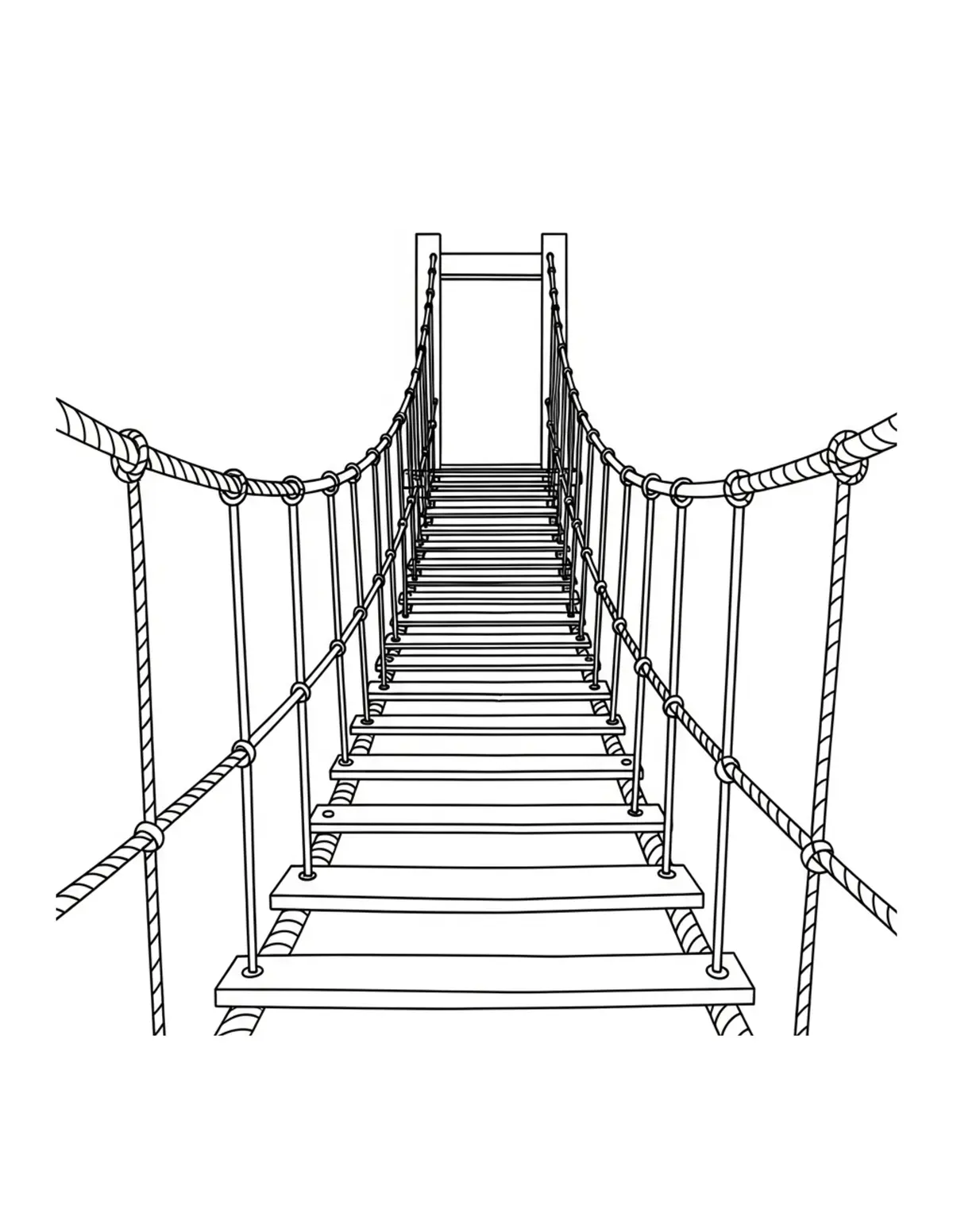 Free printable coloring page: mystery-rope-bridge-crossing coloring page. Cute and cozy design for kids and adults to download and print.