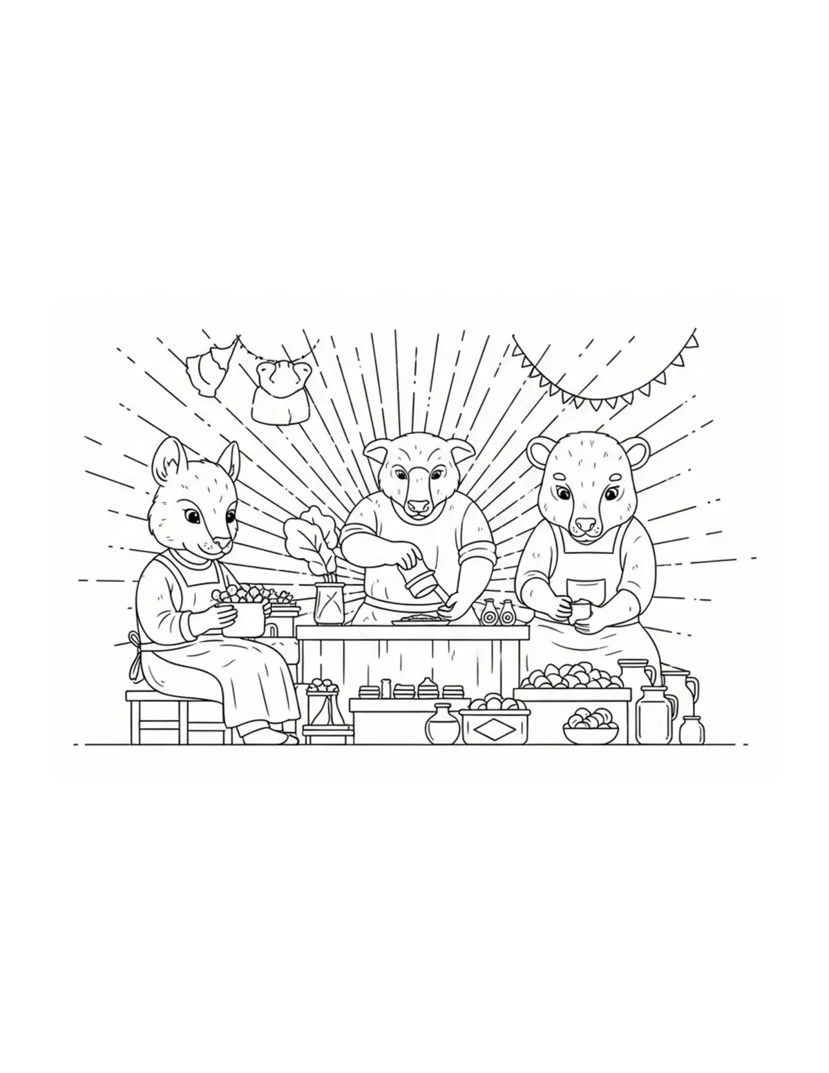 Animal Artisans Preparing Prod Coloring Page - free printable JPG featuring adorable tiny animal village scene