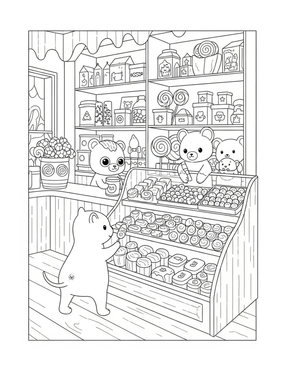 Animal Friends Browsing A Cozy Coloring Page - free printable JPG featuring adorable tiny animal village scene