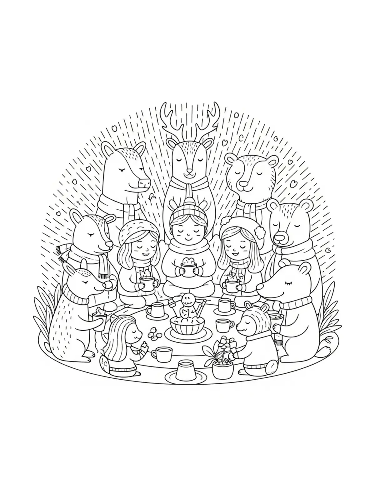 Animal Villagers Celebrating A Coloring Page - free printable JPG featuring adorable tiny animal village scene