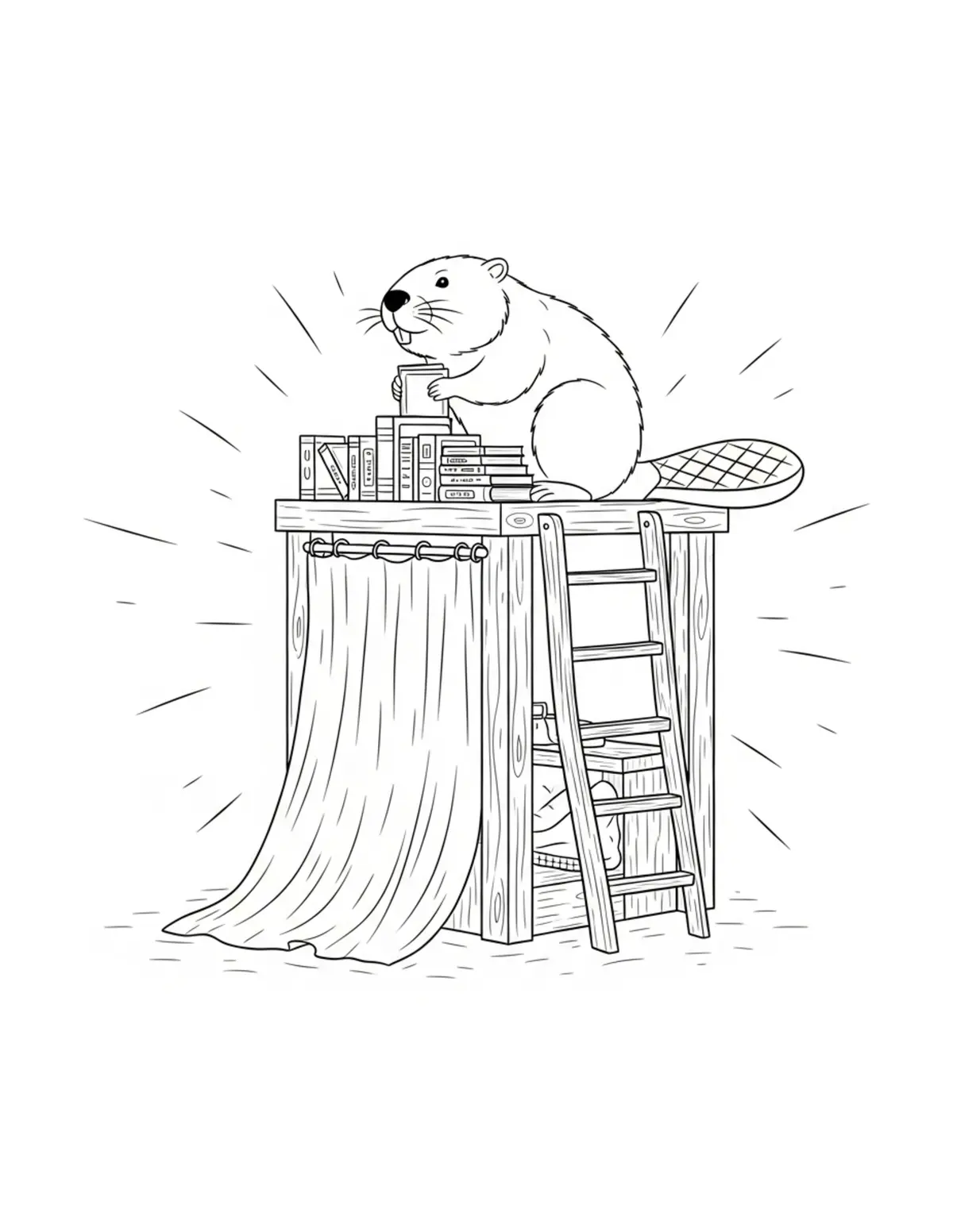 Beaver Building a Cozy Reading Nook Coloring Page - free printable JPG featuring adorable woodland beaver