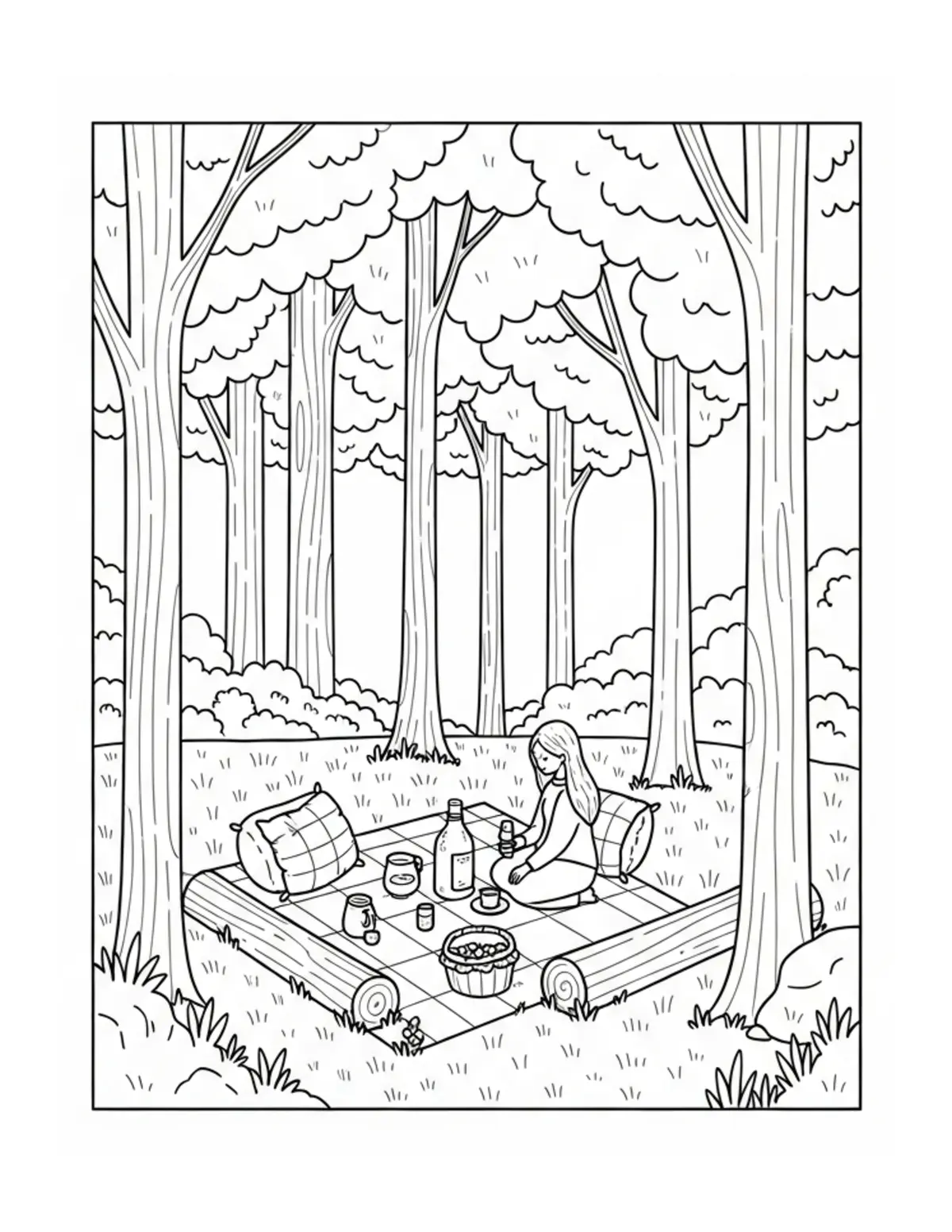 Free printable coloring page: cozy forest picnic clearing coloring page. Cute and cozy summer design for kids and adults to download and print.