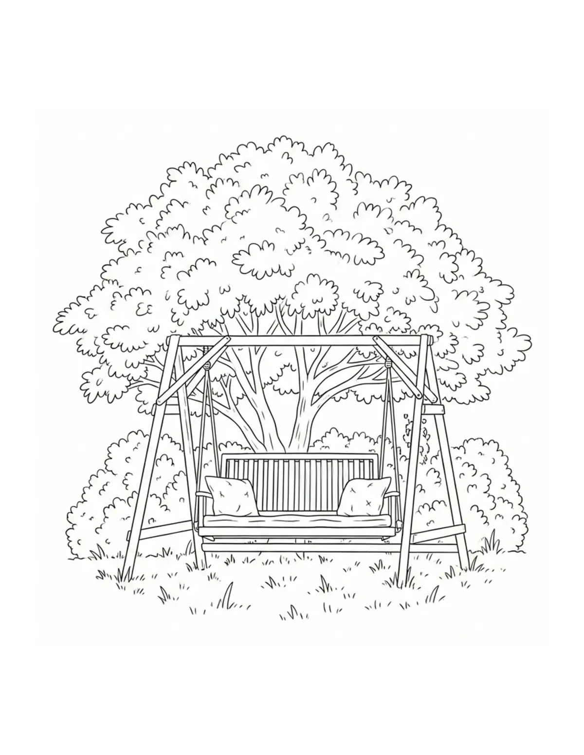 Free printable coloring page: cozy garden swing under trees coloring page. Cute and cozy summer design for kids and adults to download and print.