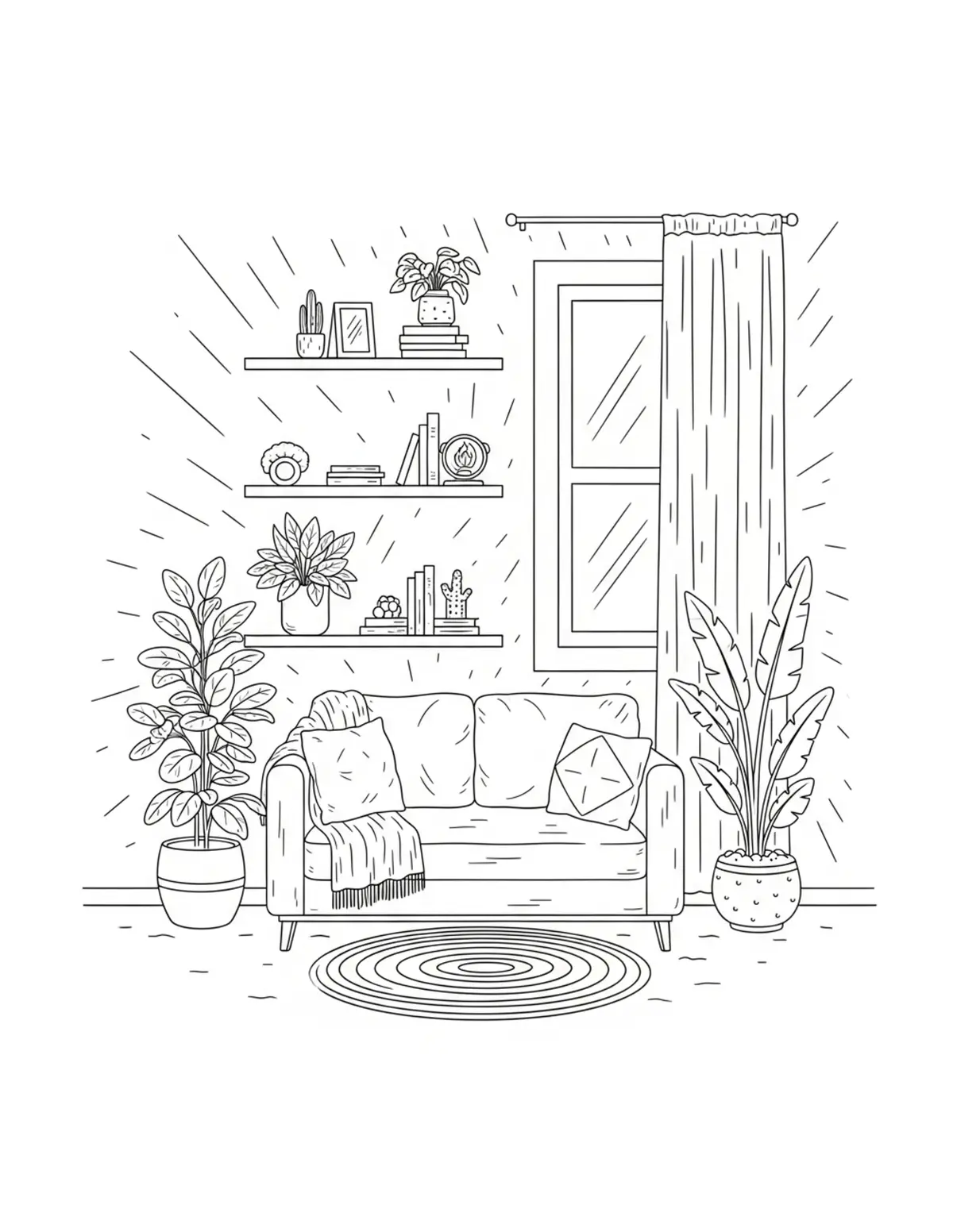 Free printable coloring page: cozy indoor nature corner coloring page. Cute and cozy design for kids and adults to download and print.