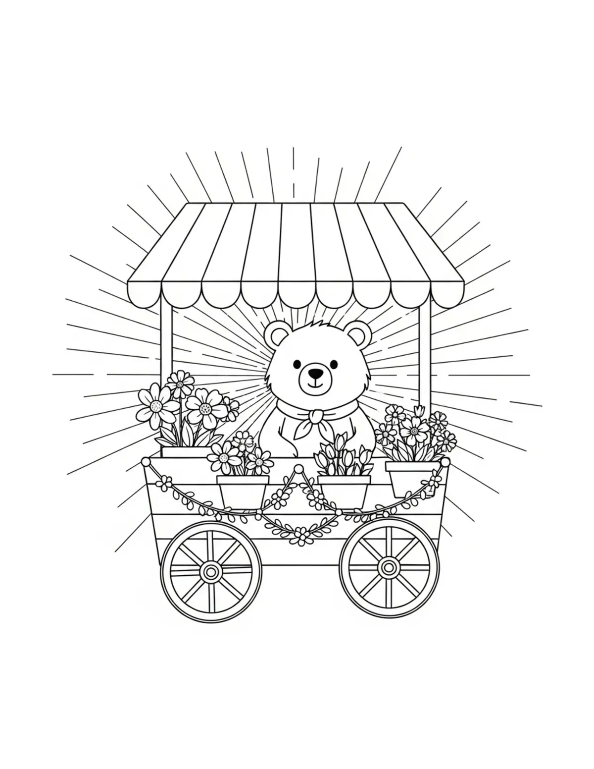 Cute Bear Flower Wagon Colorin — free printable cozy coloring coloring page for kids and adults