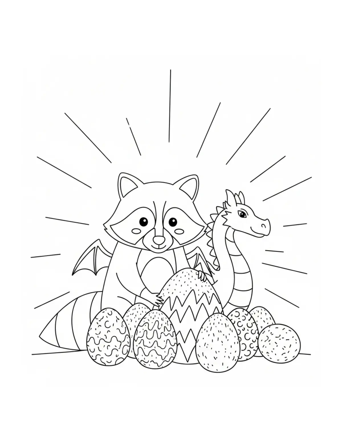 Free printable coloring page: cute raccoon managing a dragon coloring page. Cute and cozy tiny animal design for kids and adults to download and print.