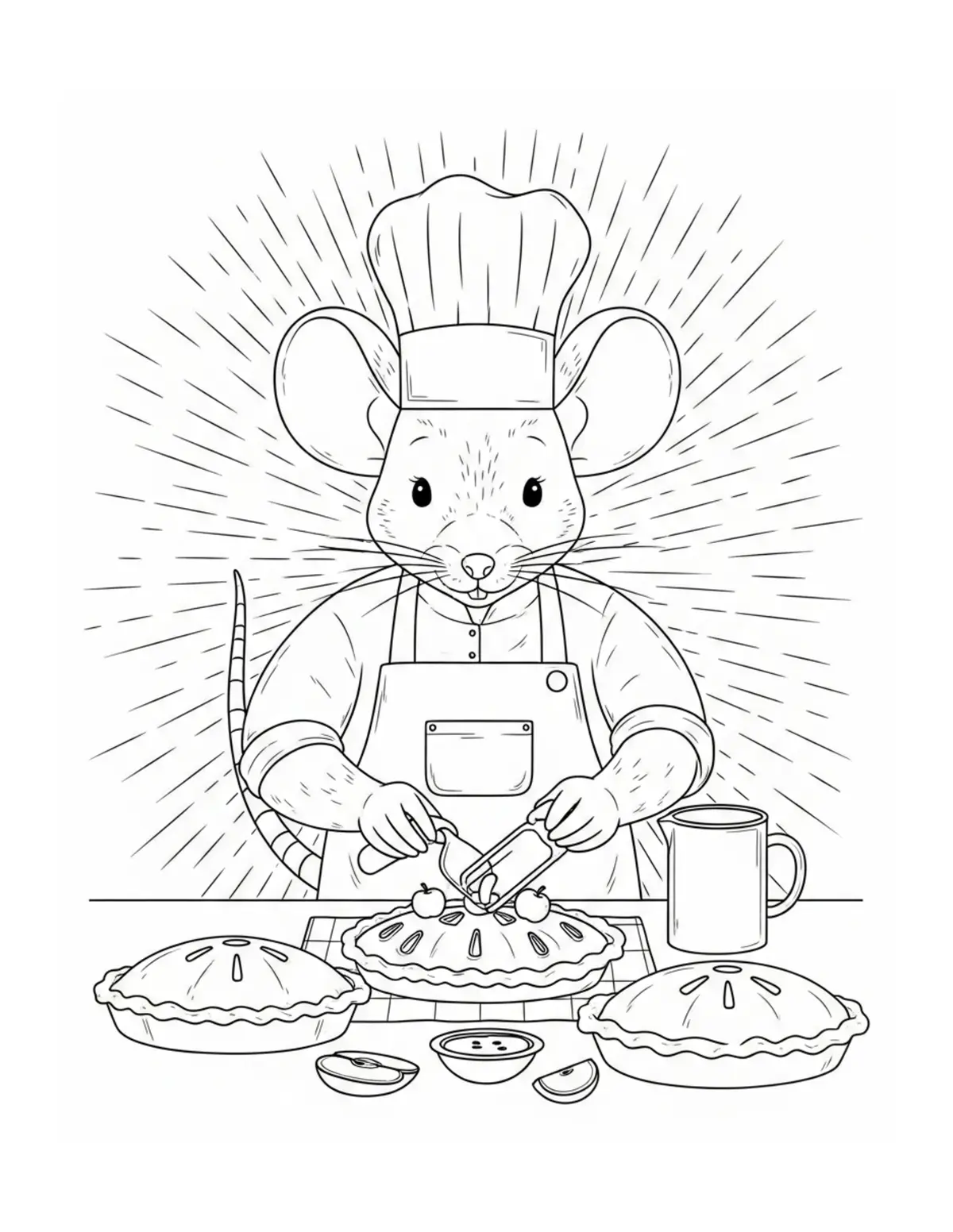 Mouse Baking Fresh Apple Pies Coloring Page - free printable JPG featuring adorable mouse bakery scenes