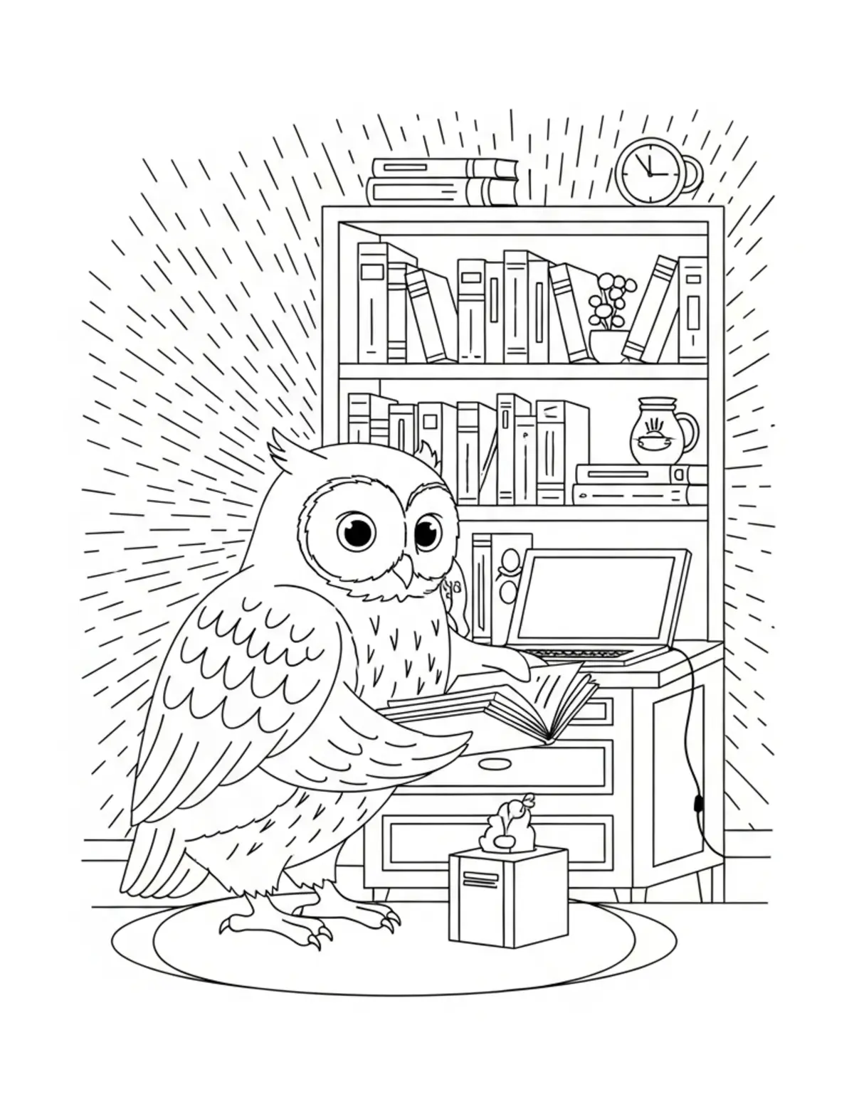 Owl Organizing A Cozy Reading Coloring Page - free printable JPG featuring adorable owl reading scenes