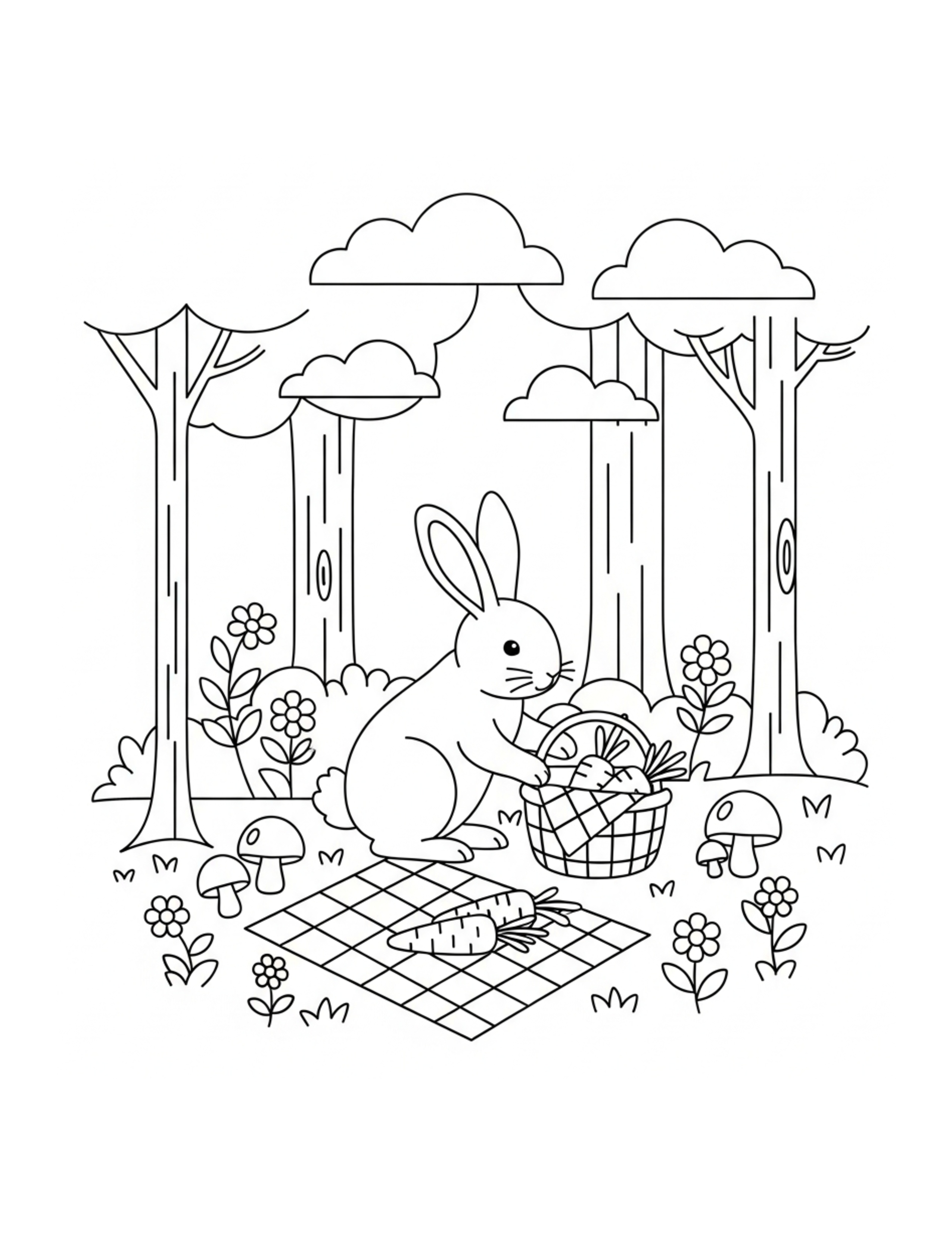 Rabbit Decorating A Woodland Coloring Page - free printable JPG featuring adorable rabbit