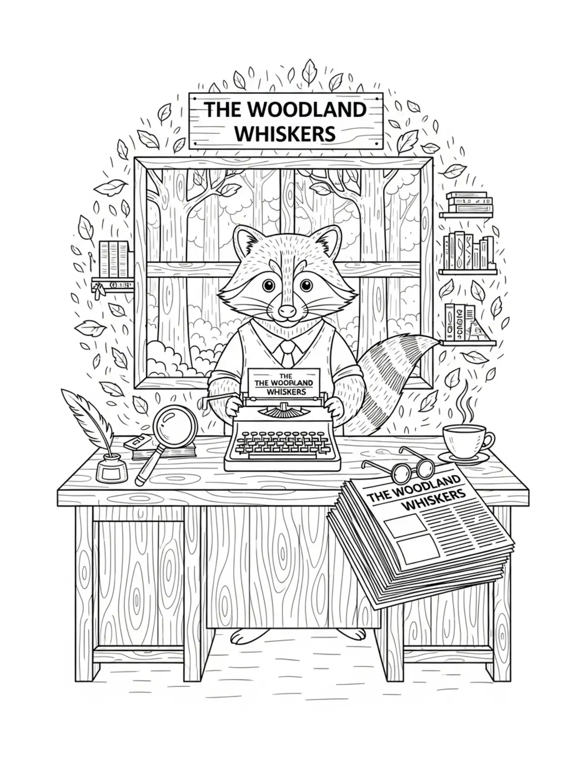 Raccoon Running a Woodland New Coloring Page - free printable JPG featuring adorable woodland animals