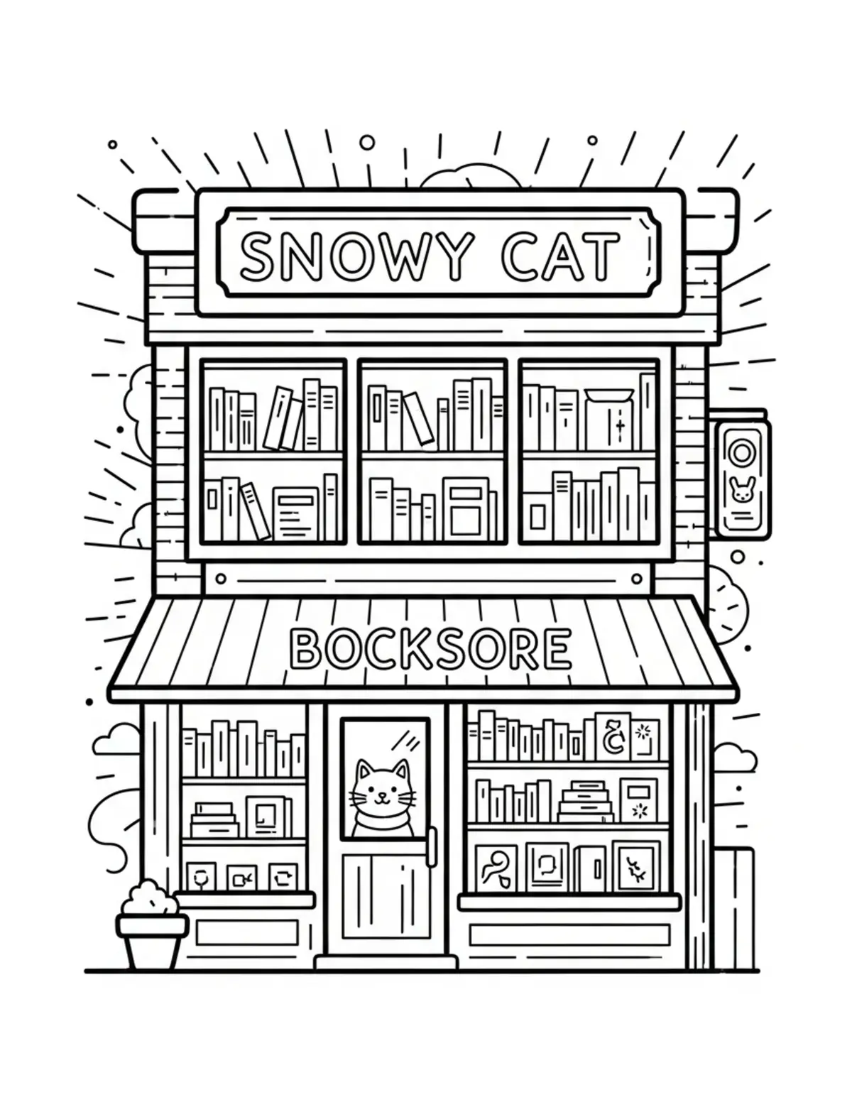 Free printable coloring page: snowy cat bookstore coloring page. Cute and cozy design for kids and adults to download and print.