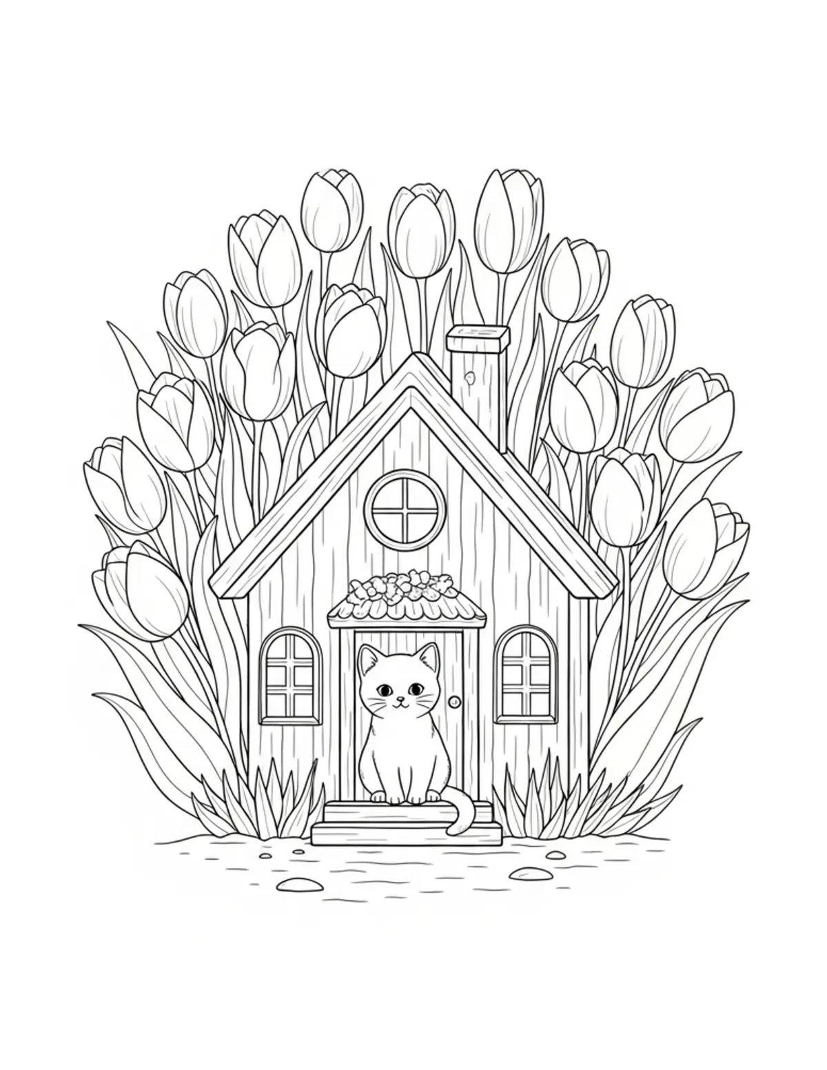 Free printable coloring page: tiny-cat-living-in-a-charming coloring page. Cute and cozy design for kids and adults to download and print.