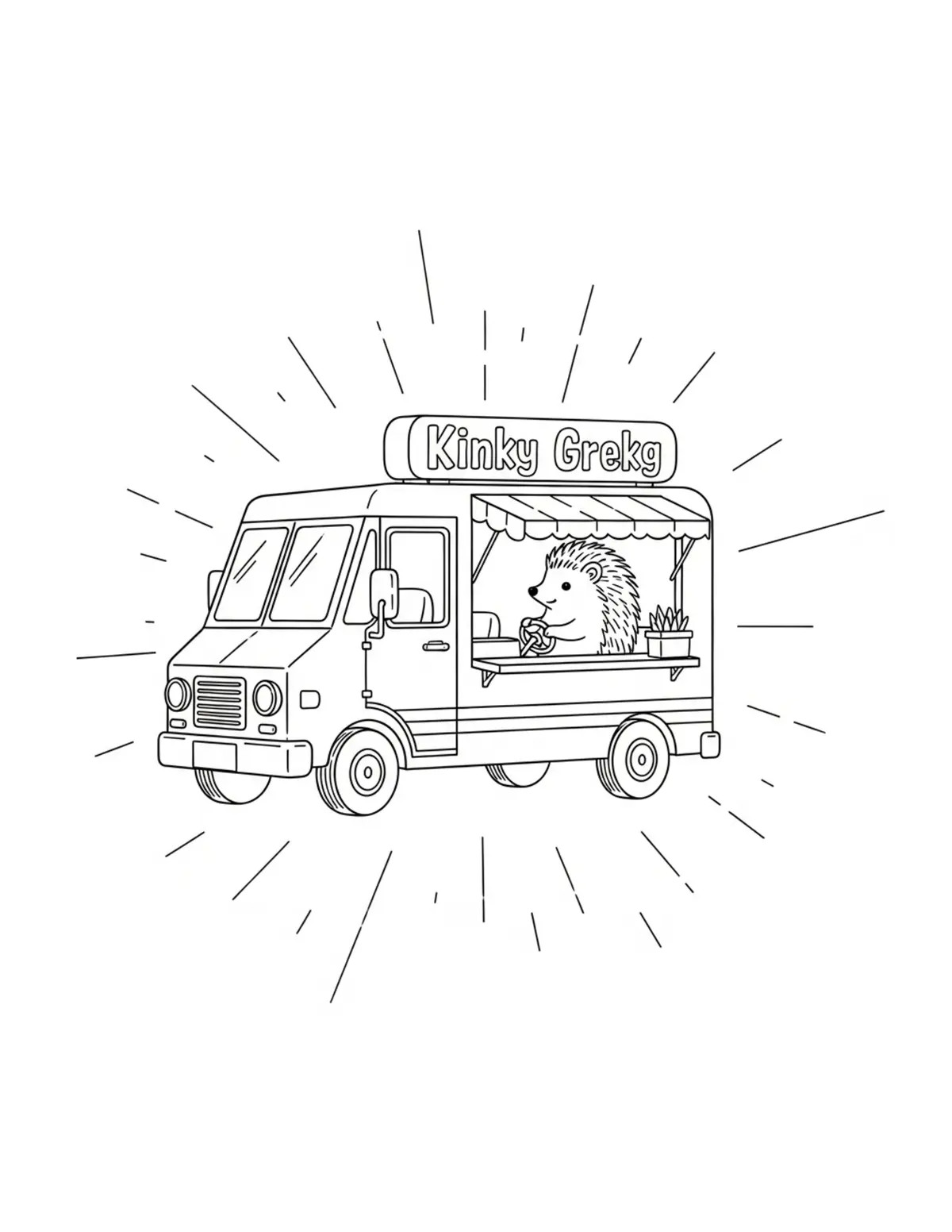 Free printable coloring page: tiny-hedgehog-driving-a-cozy-f coloring page. Cute and cozy design for kids and adults to download and print.