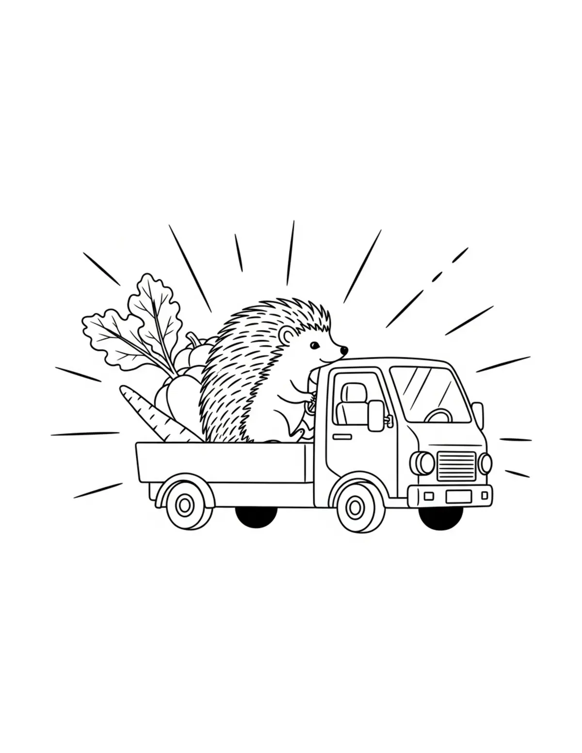 Free printable coloring page: tiny-hedgehog-driving-a-vegeta coloring page. Cute and cozy design for kids and adults to download and print.