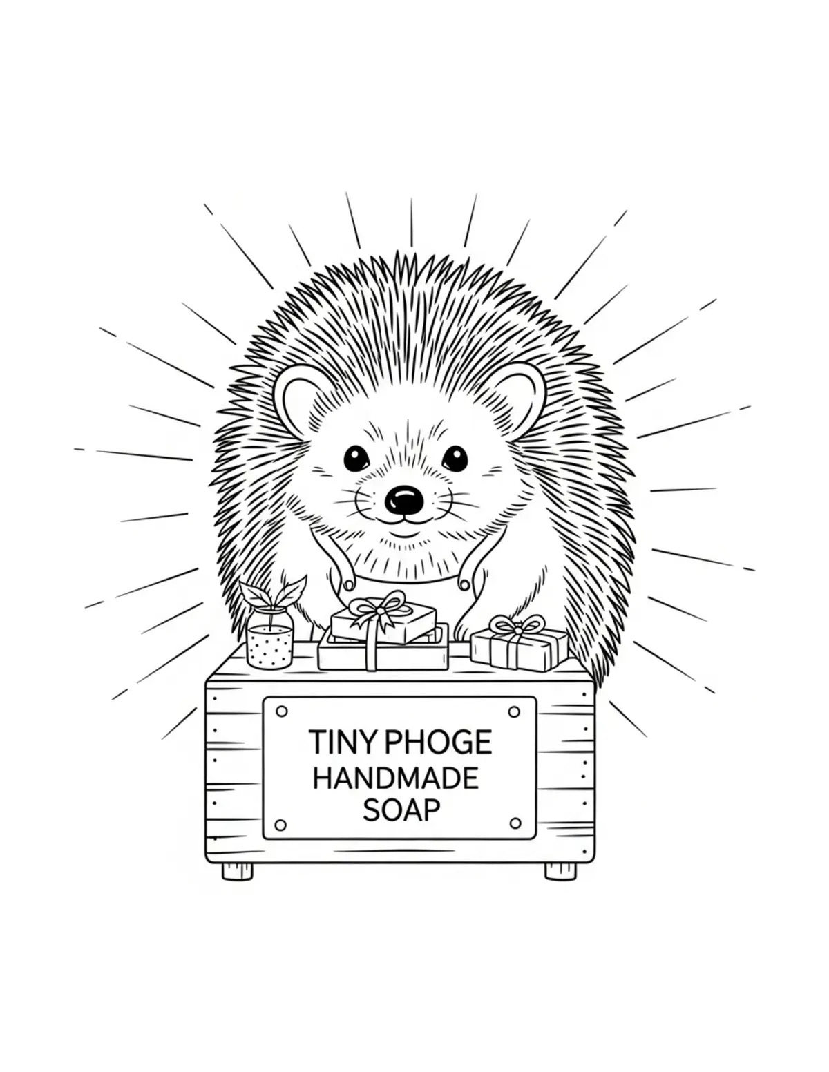 Free printable coloring page: tiny-hedgehog-selling-handmade coloring page. Cute and cozy design for kids and adults to download and print.