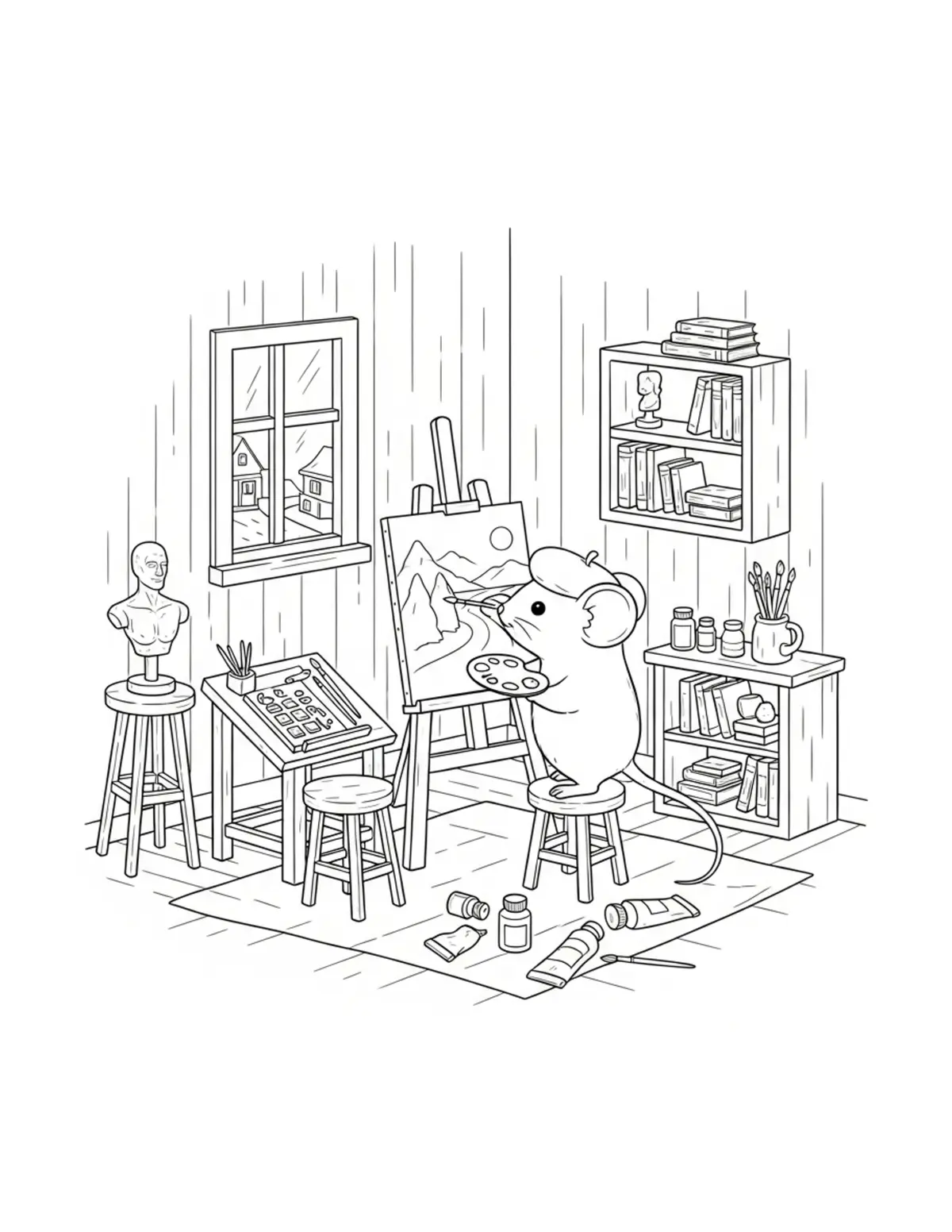 Free printable coloring page: tiny-mouse-operating-a-tiny-ar coloring page. Cute and cozy design for kids and adults to download and print.