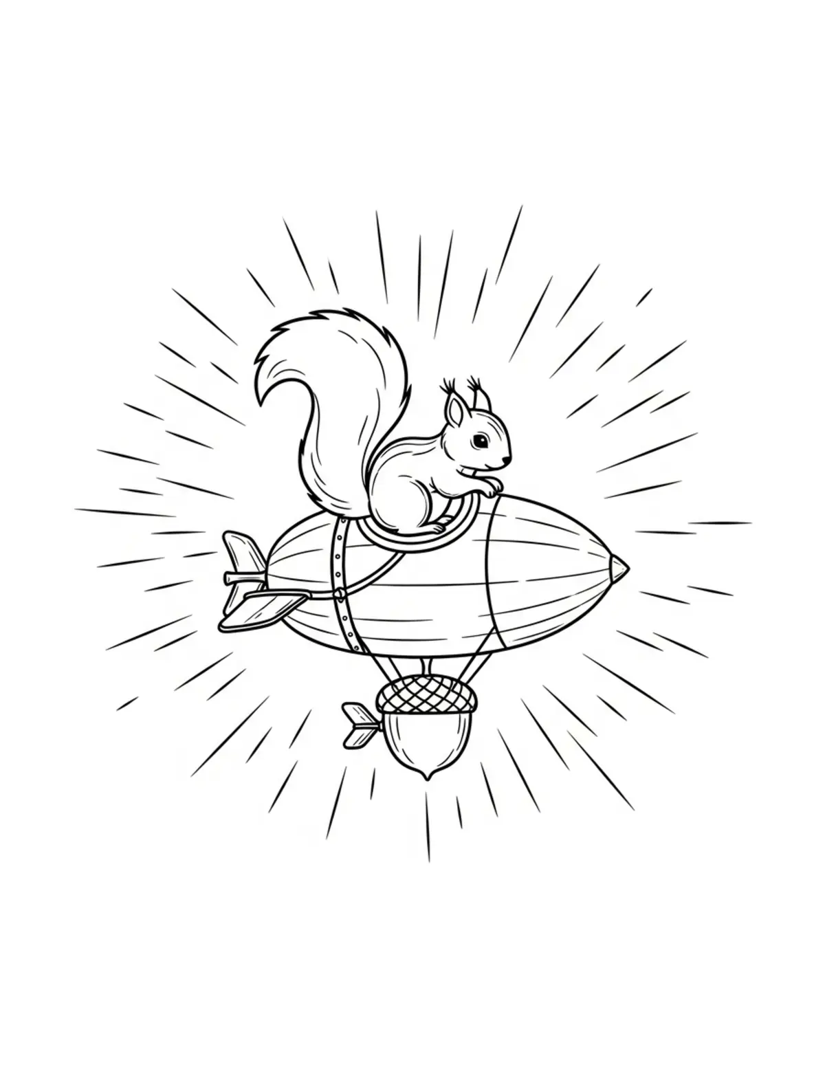 Free printable coloring page: tiny-squirrel-flying-an-acorn coloring page. Cute and cozy design for kids and adults to download and print.