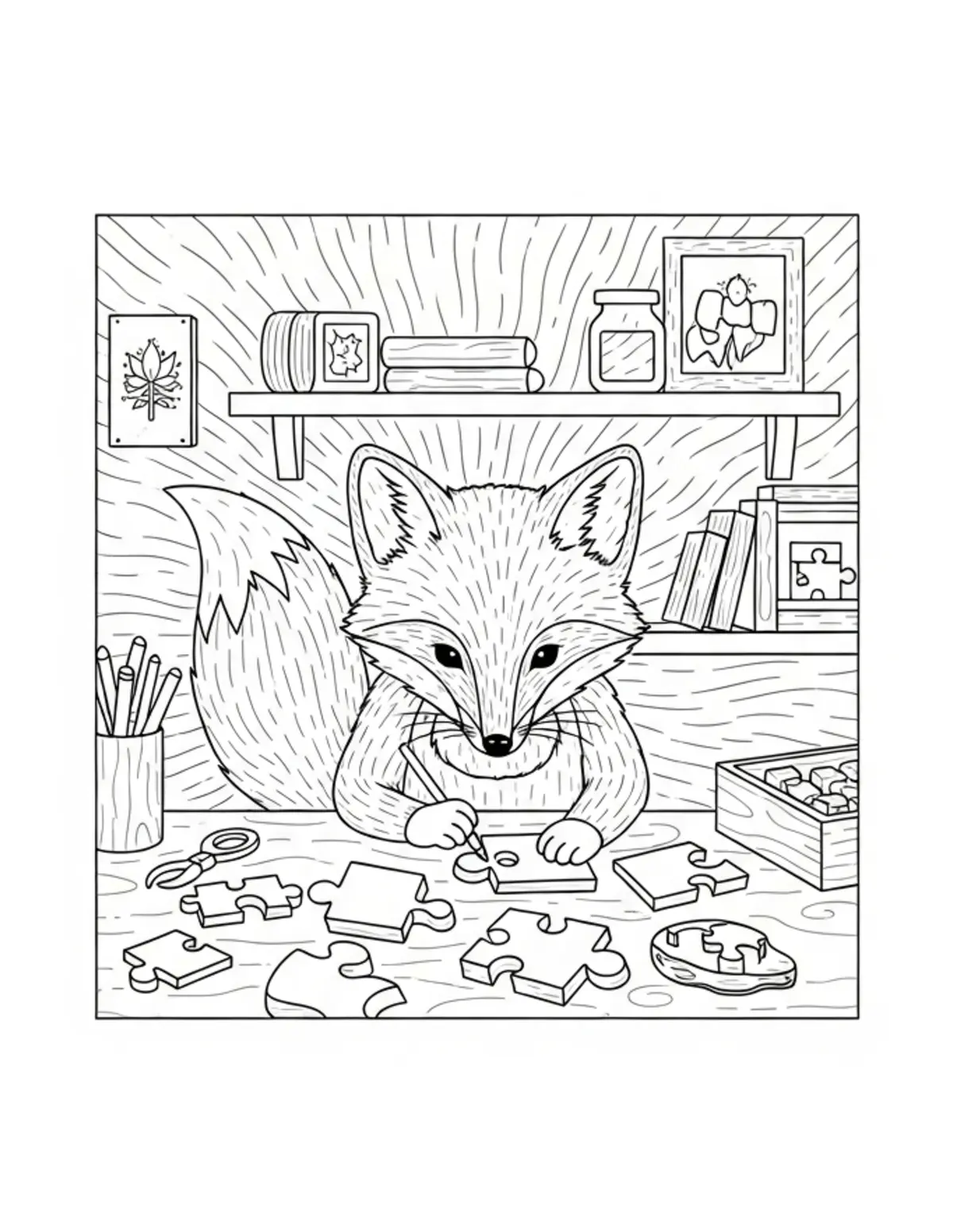 Tiny Fox Crafting Wooden Puzzl coloring page - free printable JPG featuring adorable woodland animals