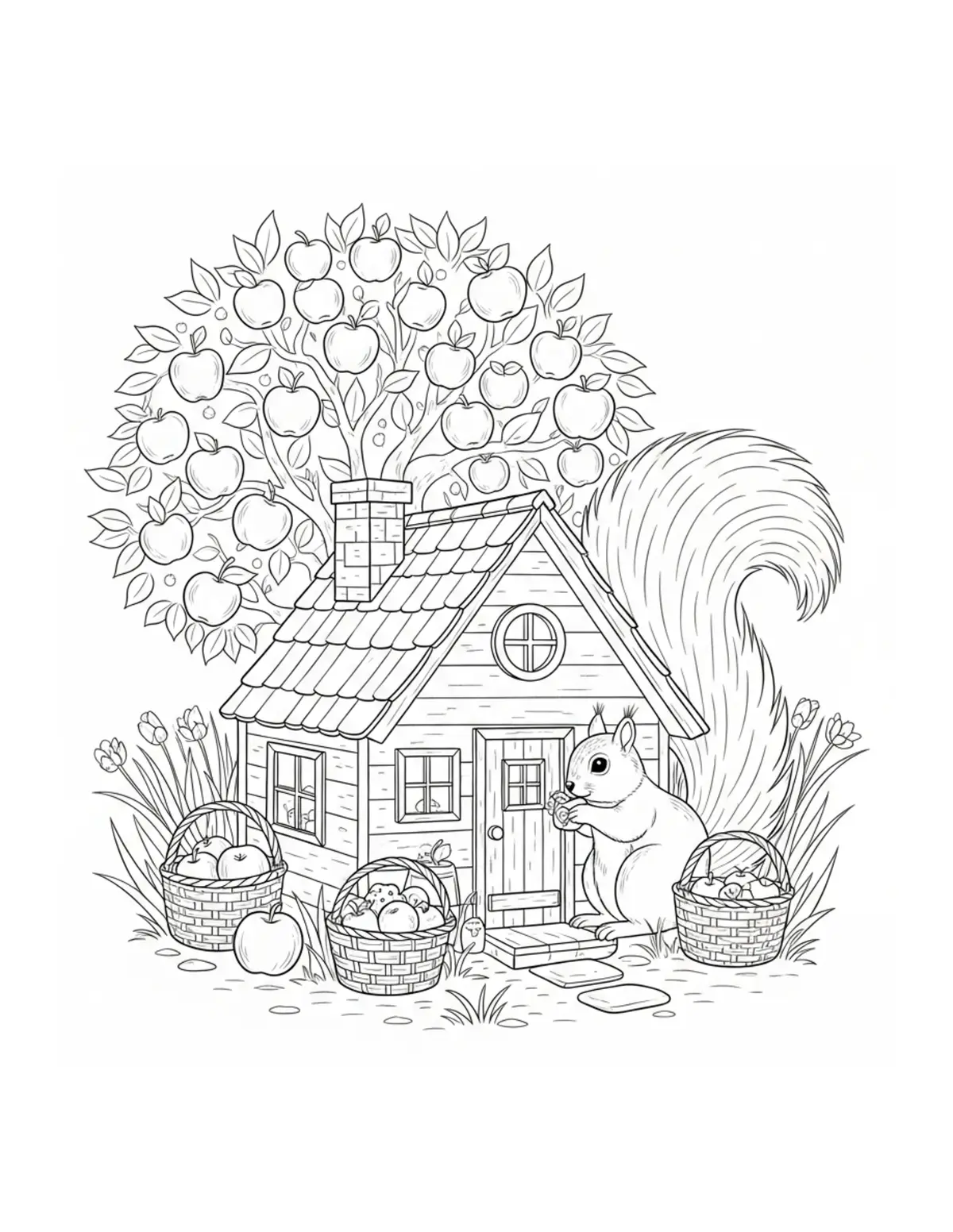 Free printable coloring page: tiny squirrel apple orchard co coloring page. Cute design for kids and adults.