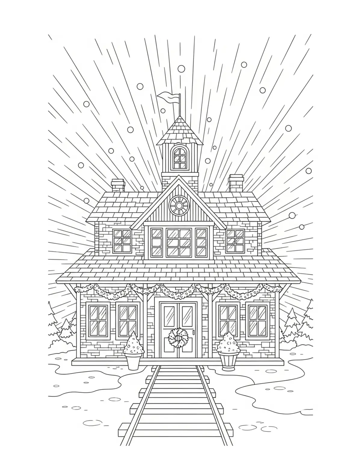 Village Train Station Decorate Coloring Page - free printable JPG featuring adorable tiny animal village scene