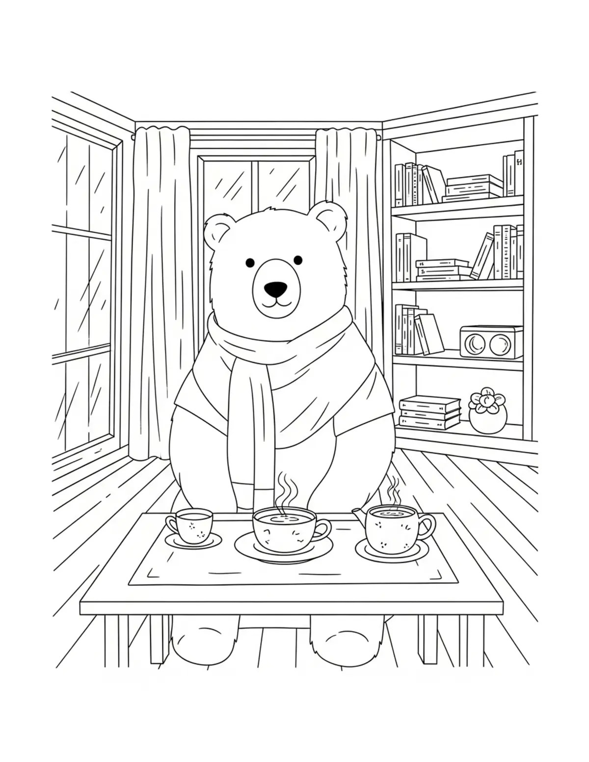 Free printable coloring page: bear-tea-room coloring page. Cute and cozy design for kids and adults to download and print.