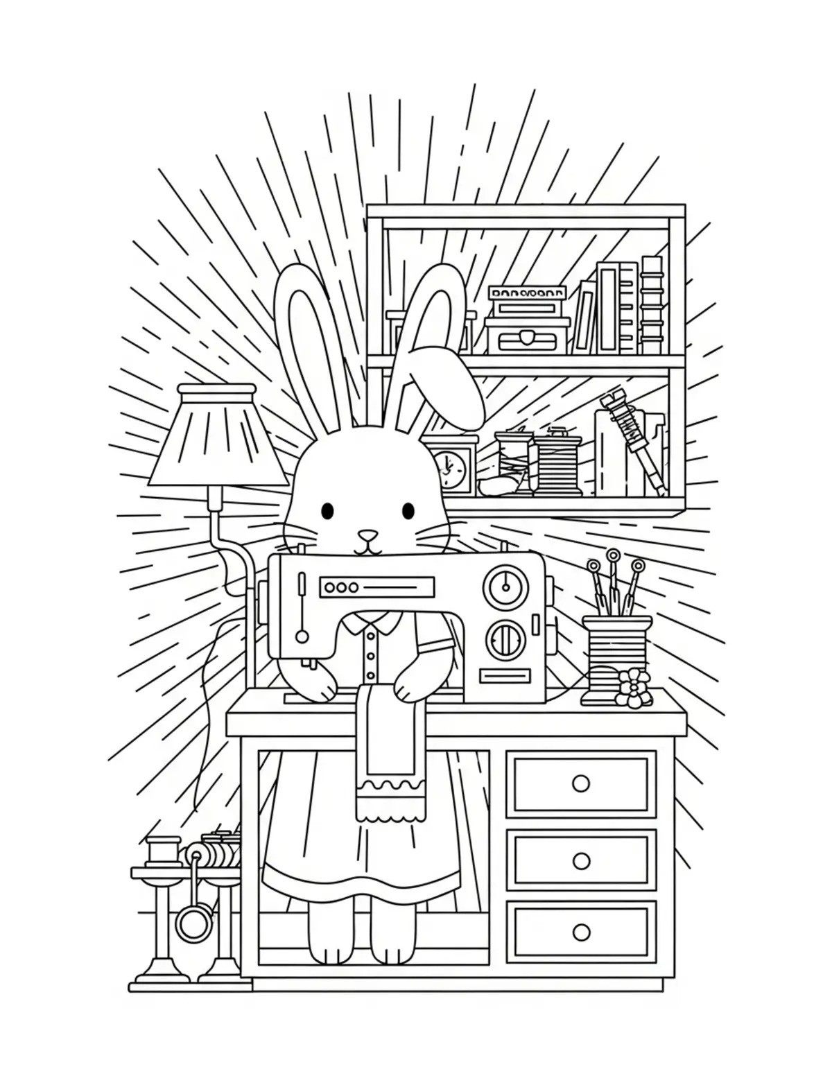 Free printable coloring page: bunny sewing room coloring page. Cute and cozy design for kids and adults to download and print.