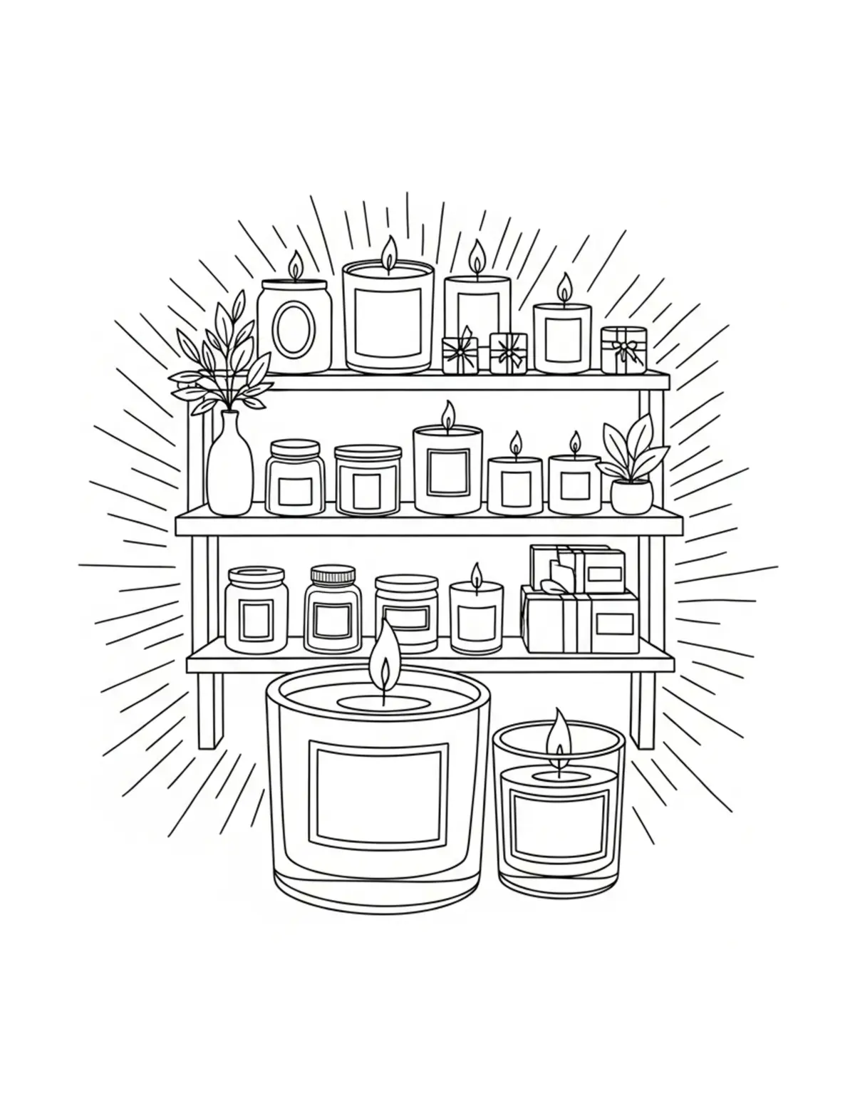 Free printable coloring page: candle-shop coloring page. Cute and cozy design for kids and adults to download and print.