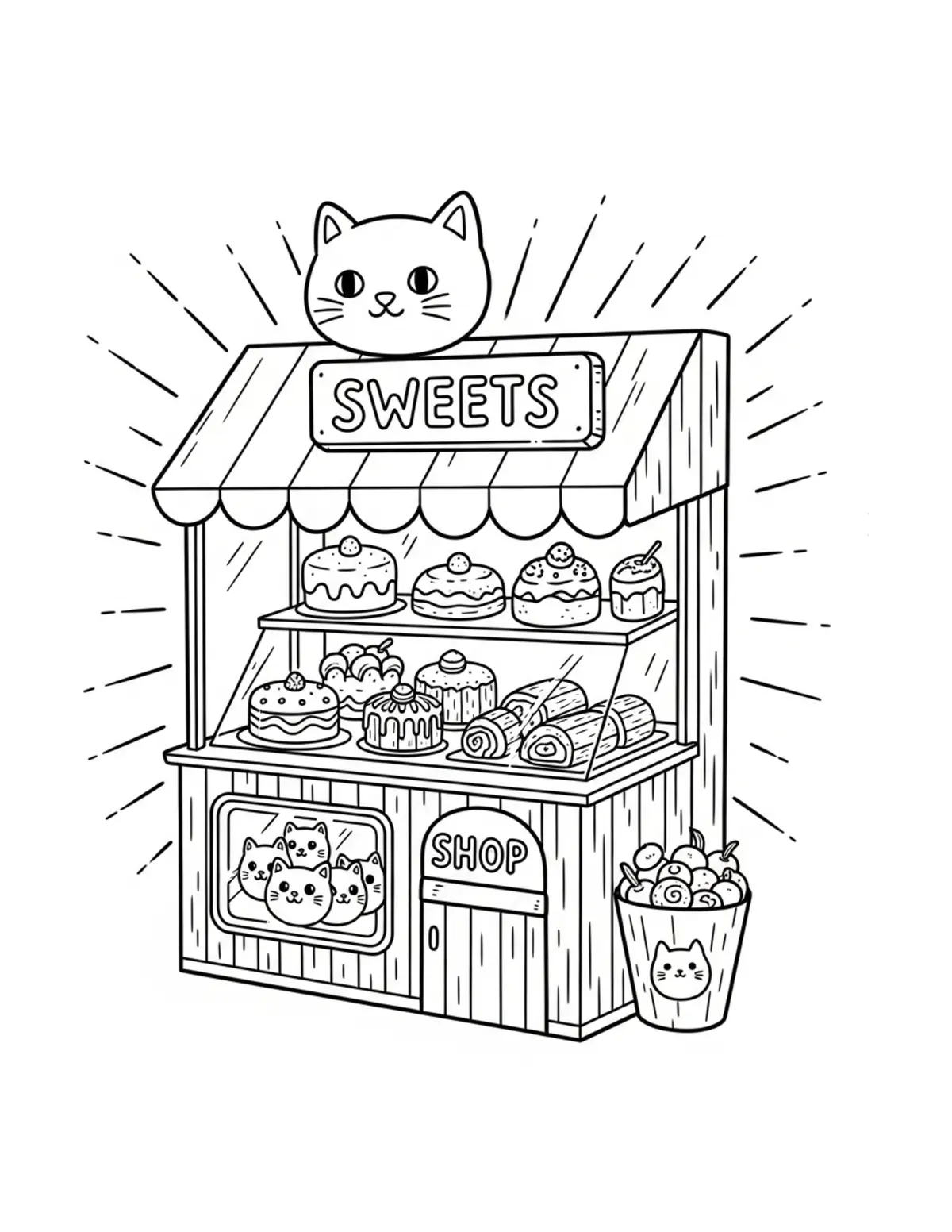 Cat Sweet Shop — free printable cozy coloring coloring page for kids and adults