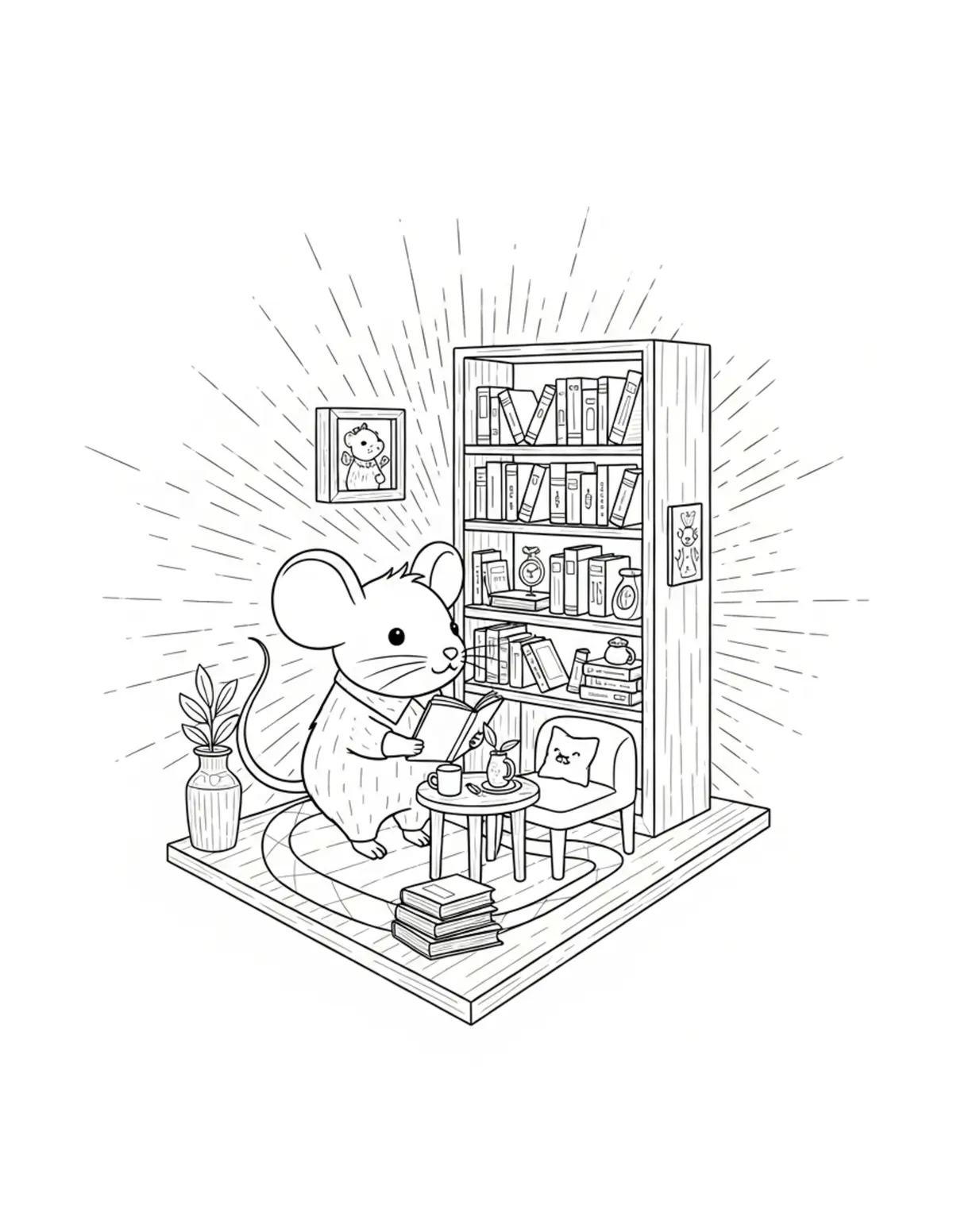 Free printable coloring page: cute mouse running tiny booksh coloring page. Cute and cozy animal design for kids and adults to download and print.